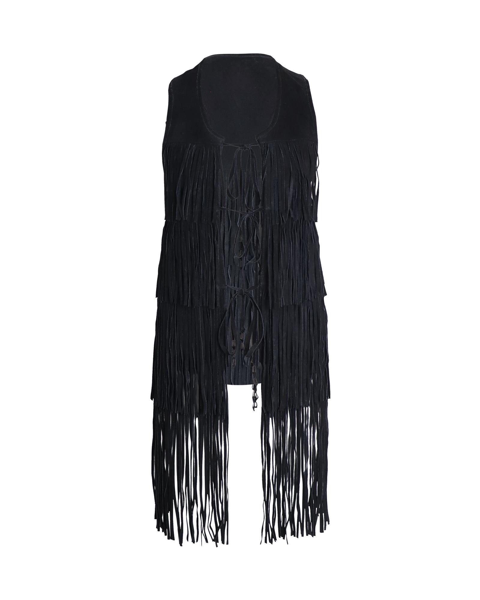image of True Religion Fringe Vest In Black Suede With Layered Detailing, Women's (Size Medium)