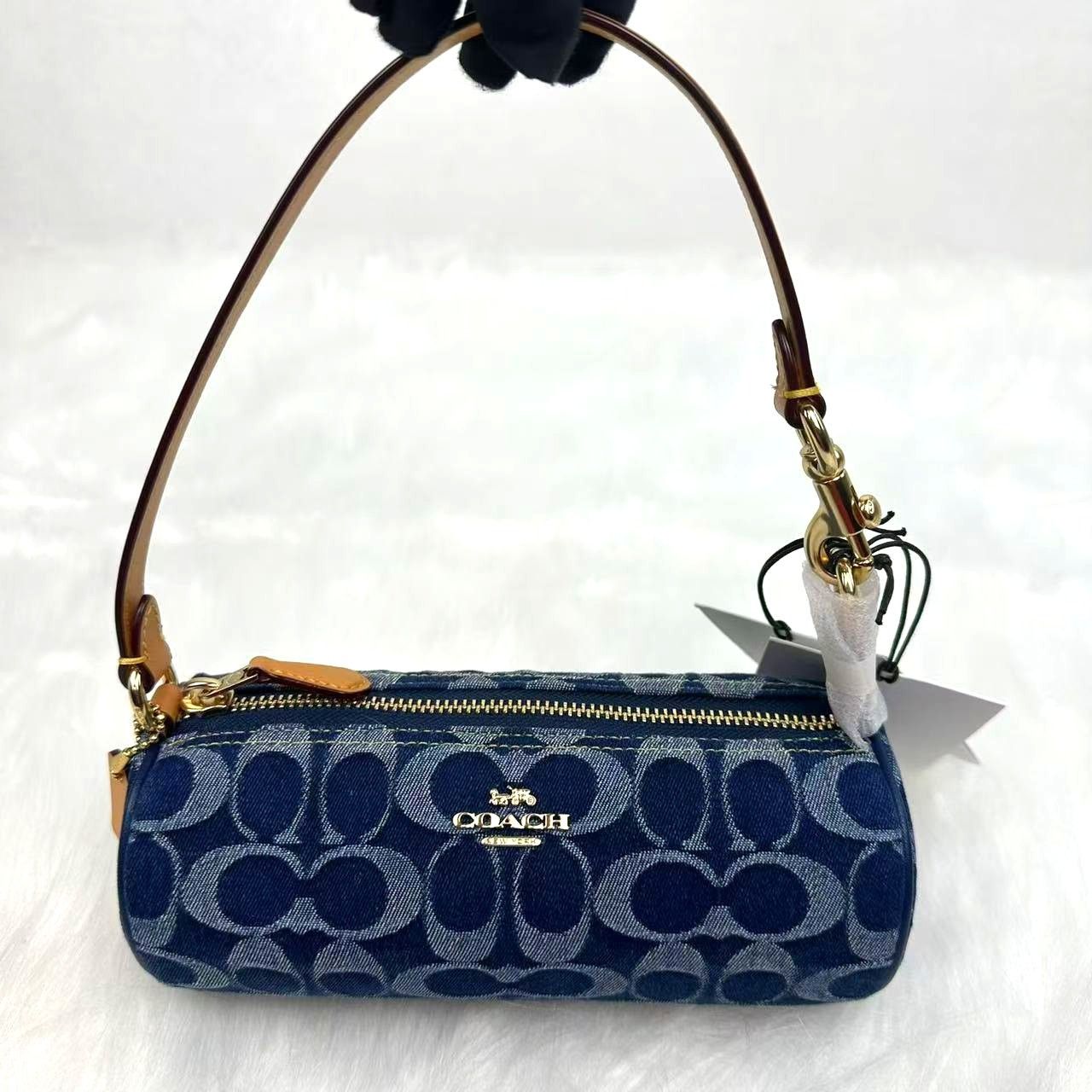Coach Wristlet Nolita Barrel Bag Sig Denim Gold Blue Natural, Women's