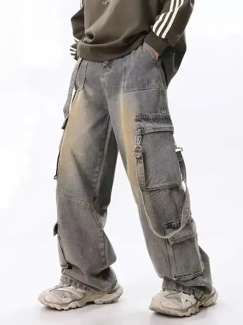 Jean Retro Yellow Mud-Dye Distressed Pocket Cargo Jeans Size US 32 / EU 48 - 2 Thumbnail