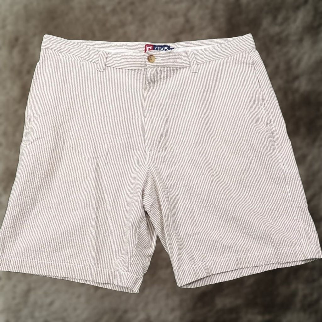 Chaps Chaps Shorts Mens 38 Beige Striped Seersucker Cotton Classic Fit Pockets Canvas Flat Front Zip Casual Summer Mens Size US 38 / EU 54 - 1 Thumbnail