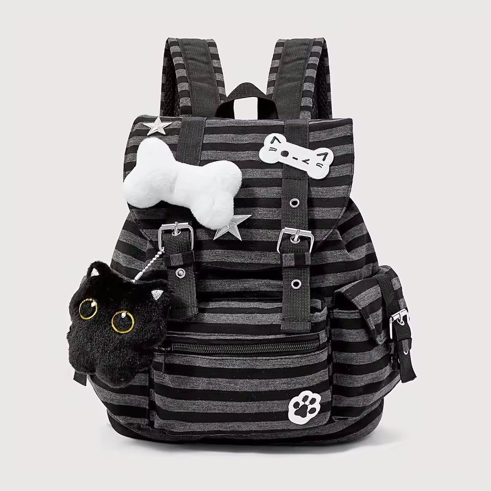 Japanese Brand 🖤💀 Y2K PUNK EMO Backpack - Black/Grey Stripe Size ONE SIZE - 1 Thumbnail
