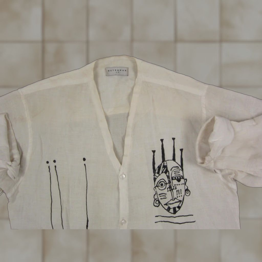 CO VINTAGE Metroman Shirt Mens S White Abstract Face Print Art Linen Ethnic Button-Up Long Sleeve Collared 70s Classic Shirt Mens Size US S / EU 44-46 / 1 - 1 Thumbnail