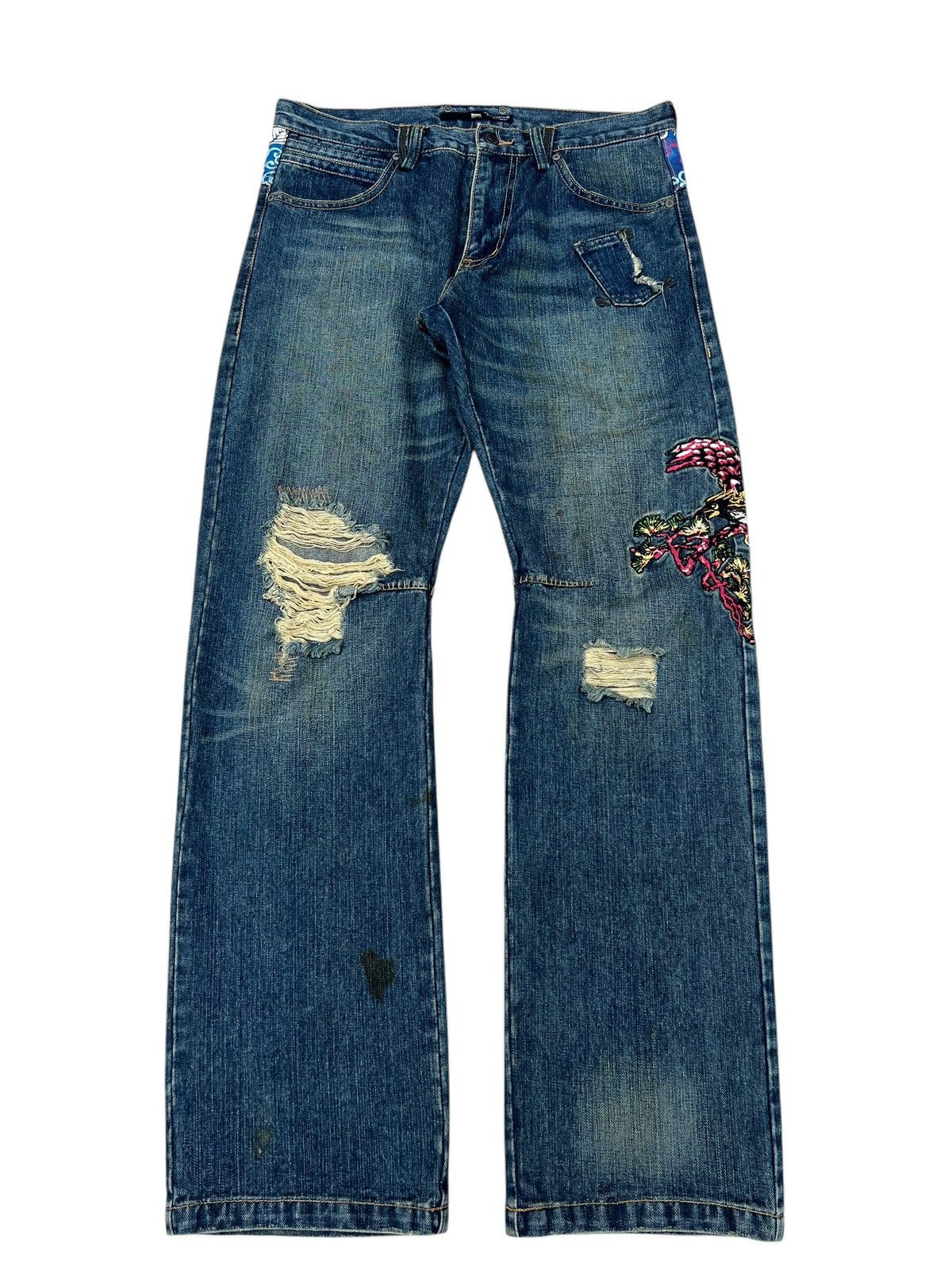 Vintage Dirty Mud Japan Brand Rips Eagle Embroidery Distress Jeans Size US 31 - 1 Thumbnail
