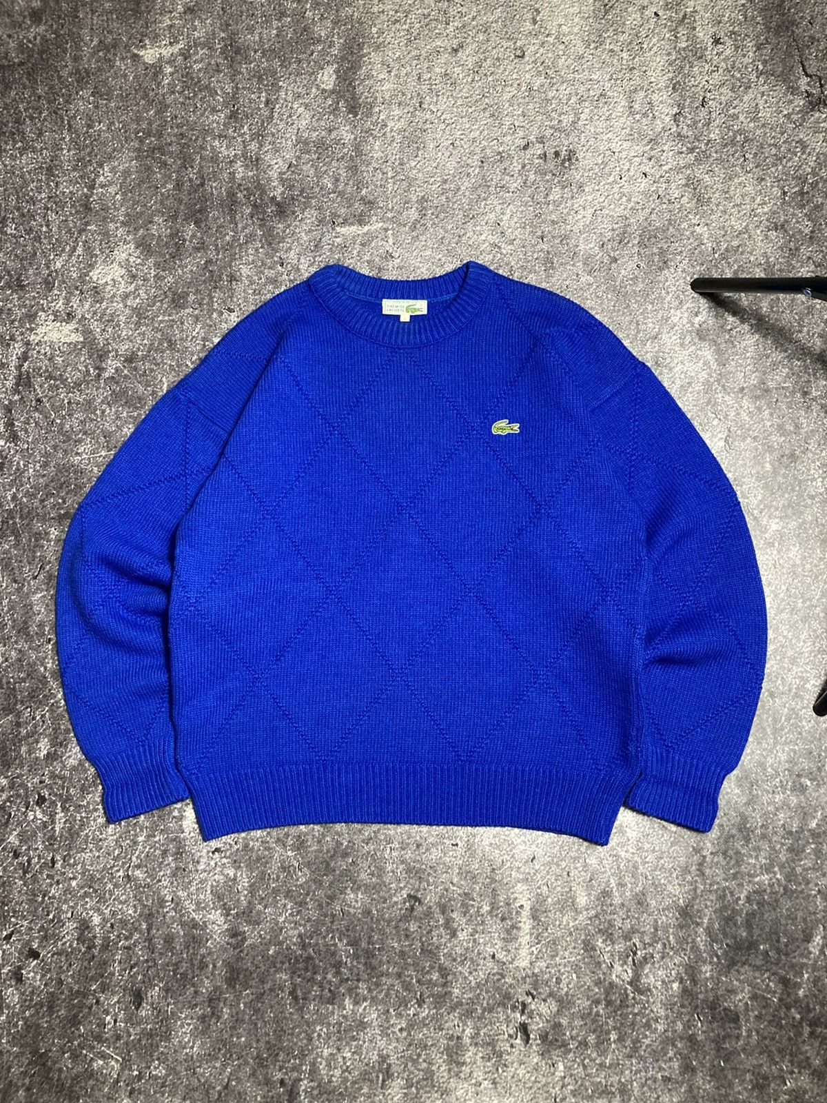 Lacoste Vintage 80s Chemise Lacoste Diamond Blue Knit Wool Sweater Size US L / EU 52-54 / 3 - 1 Thumbnail