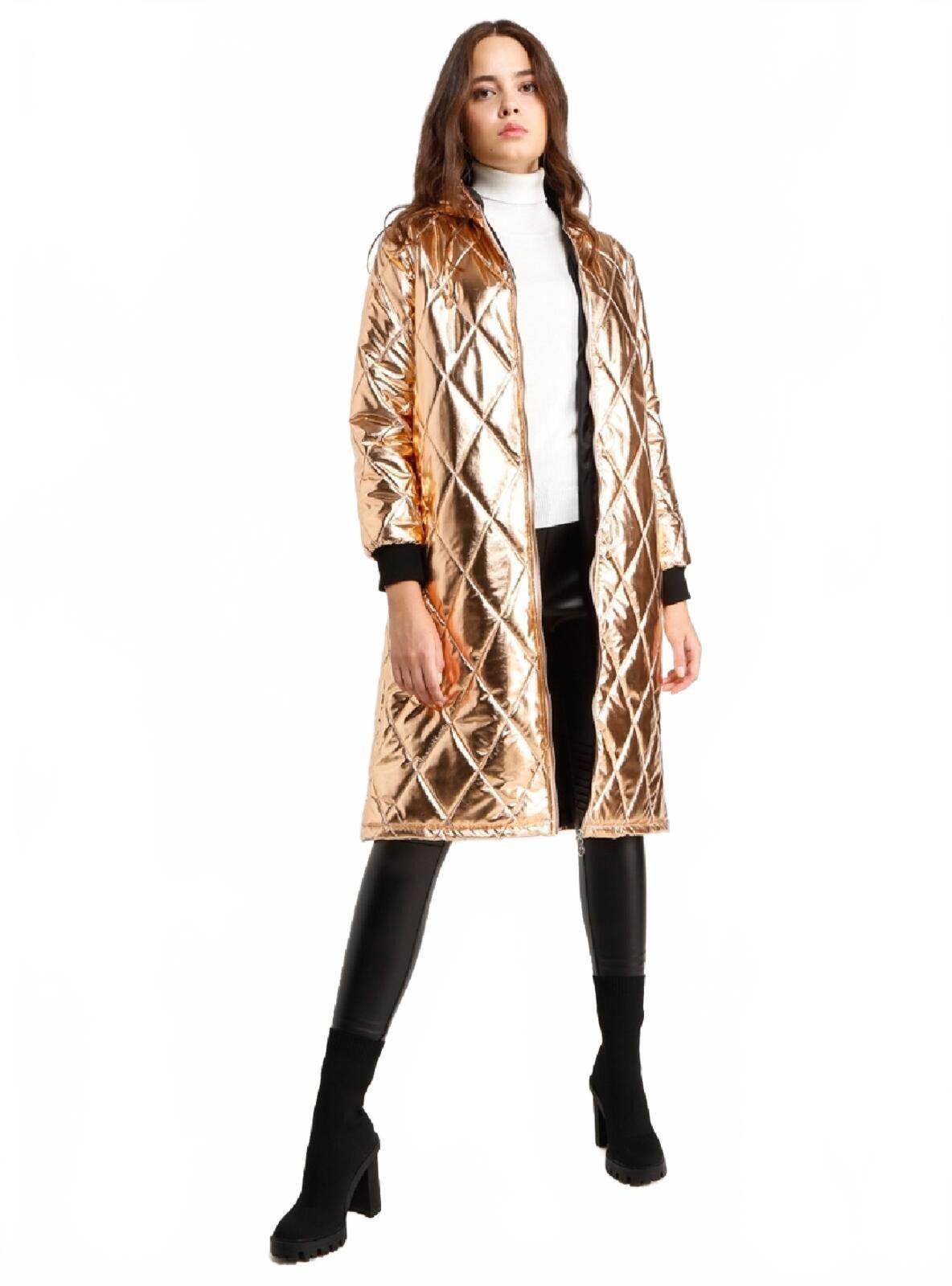 Unknown London Metallic Quilted Long Puffer Coat with Hood, Size 12 Size XL / US 12-14 / IT 48-50 - 8 Thumbnail