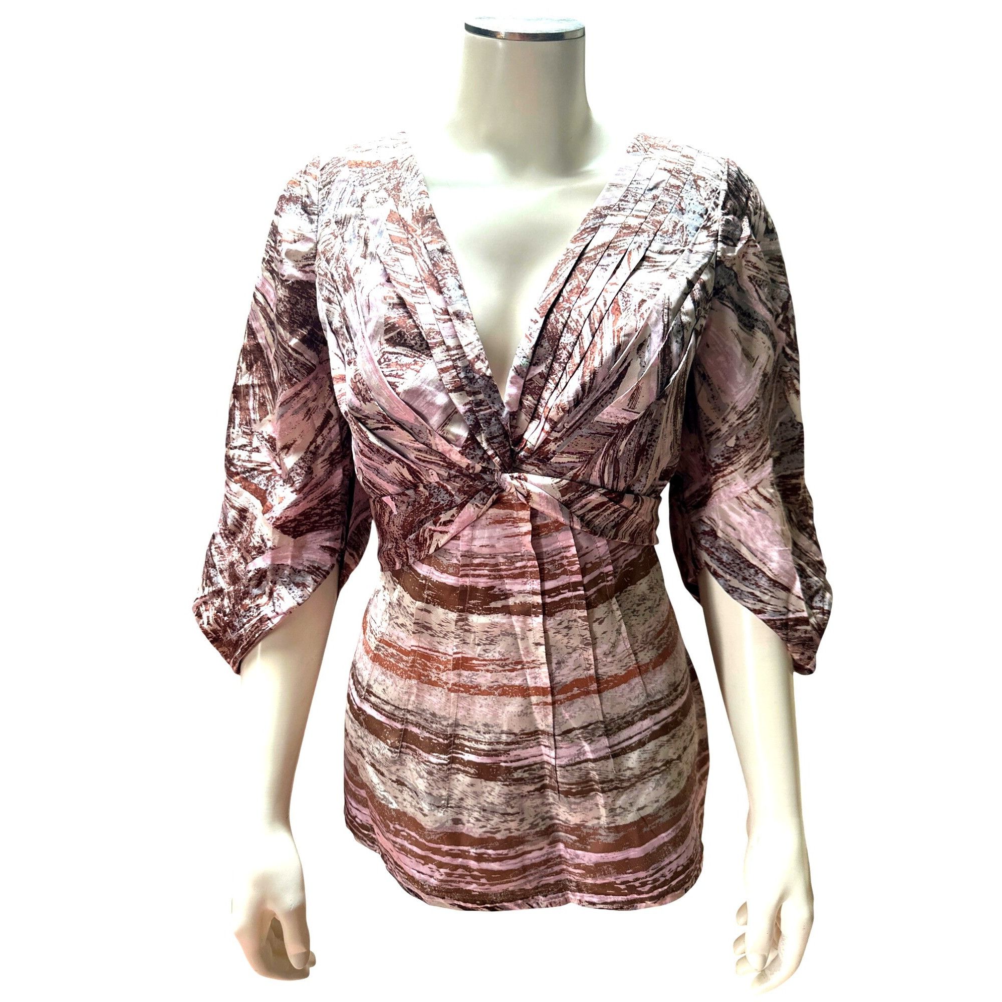 Bcbgmaxazria BCBG MaxAzria S Pink Brown Silk Blouse Abstract Print Draped Size S / US 4 / IT 40 - 2 Thumbnail