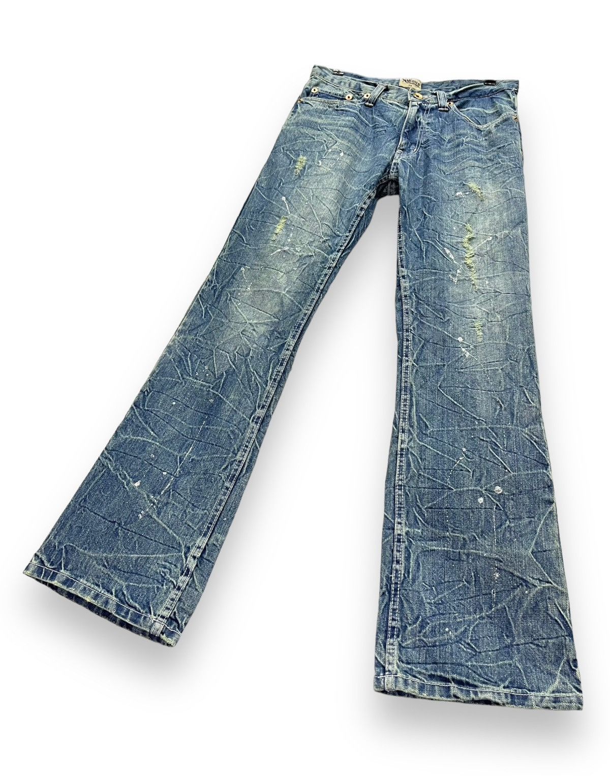 Japanese Brand NYLAUS Punk Whiskered Distressed Glitter Splash FLARE Denim Size US 30 / EU 46 - 3 Thumbnail