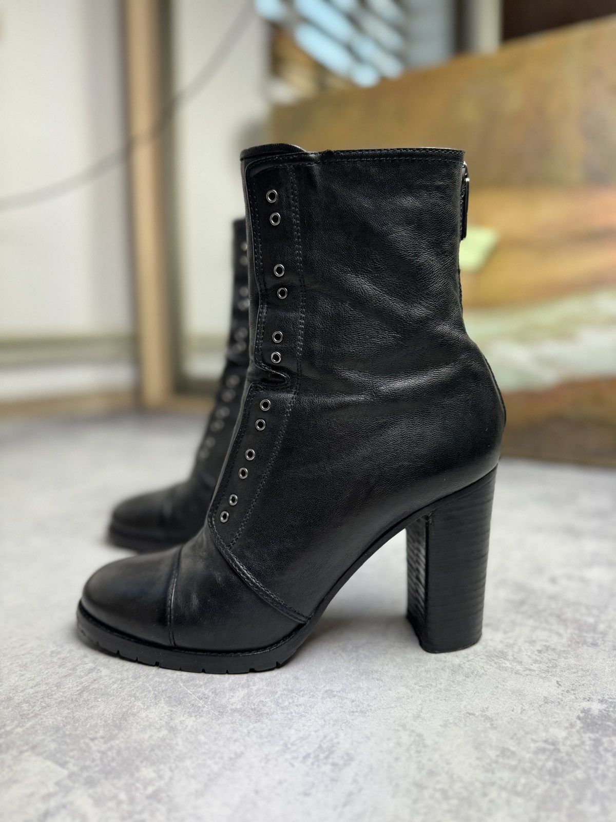 Archival Clothing x Italian Designers Jimmy Choo Y2K Leather Lace Up Ankle Heel Shoes Boots Bootie in Black, Women's (Size 9.5)