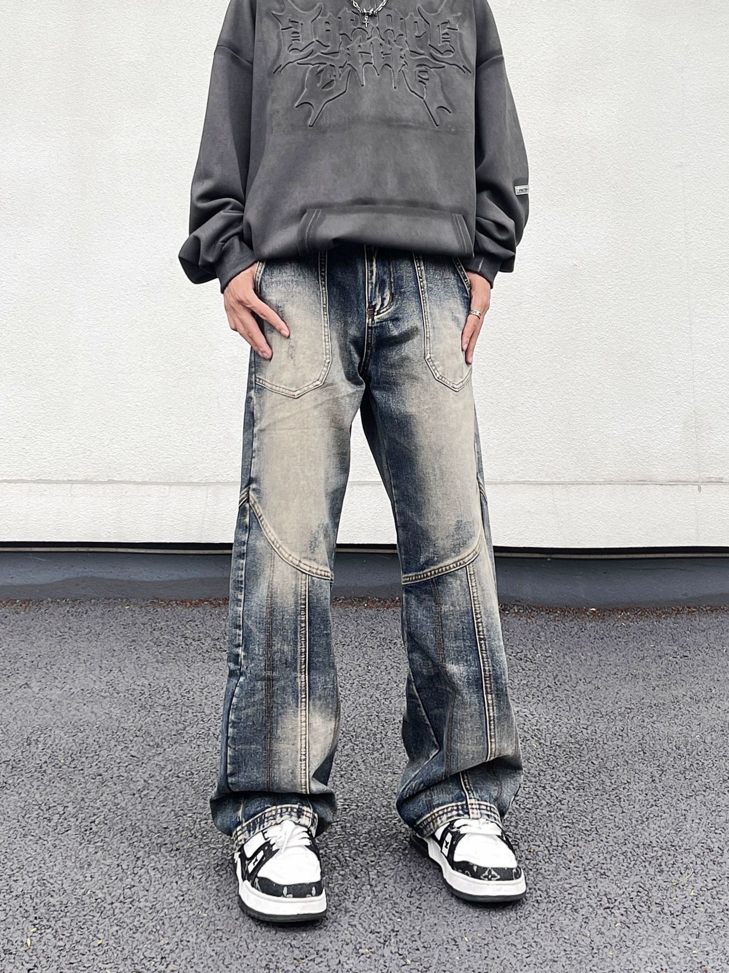 Japanese Brand Street American retro men's loose wide-leg patchwork jeans Size US 32 / EU 48 - 1 Thumbnail
