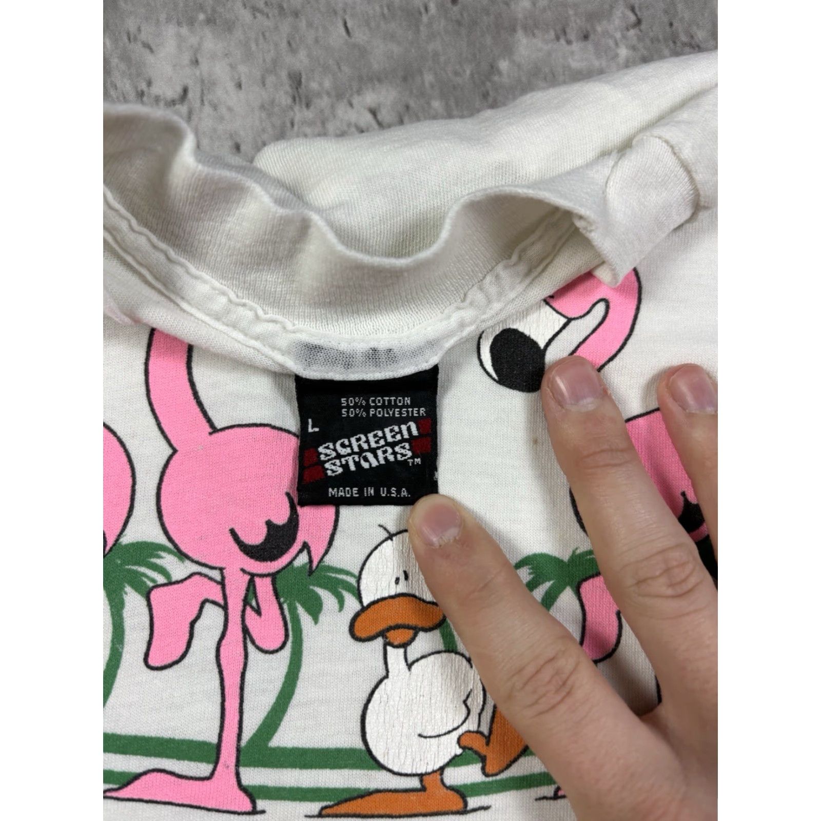 Fruit Of The Loom VINTAGE Flamingo Duck Funny Comedy T Shirt S White Cotton Knit 90s Graphic Print Short Sleeve Crew Neck Fruit of the Loom Men Classic Regular Size S Size US S / EU 44-46 / 1 - 6 Thumbnail