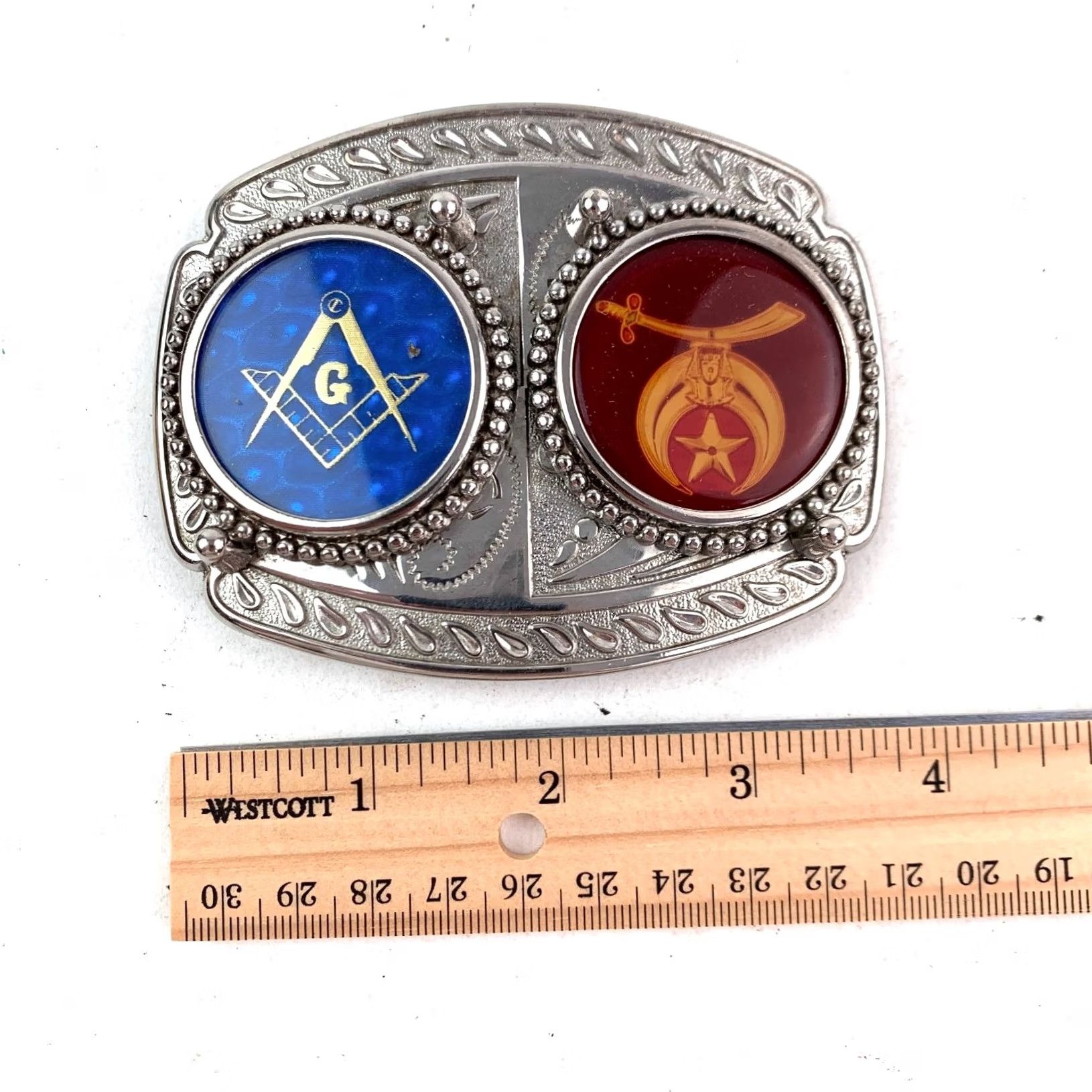 Vintage VINTAGE Masonic Shriners Belt Buckle Silver Blue Red Gold Fraternal Lodge Western Men, Belt Buckle, Silver-tone, Enamel, Fraternal, - Size ONE SIZE - 4 Thumbnail
