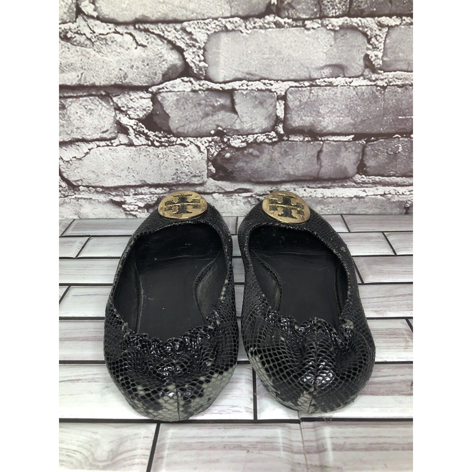 Tory Burch Tory Burch Reva Gold Logo Black Leather Snake Skin Ballet Fl Size US 7.5 / IT 37.5 - 4 Thumbnail
