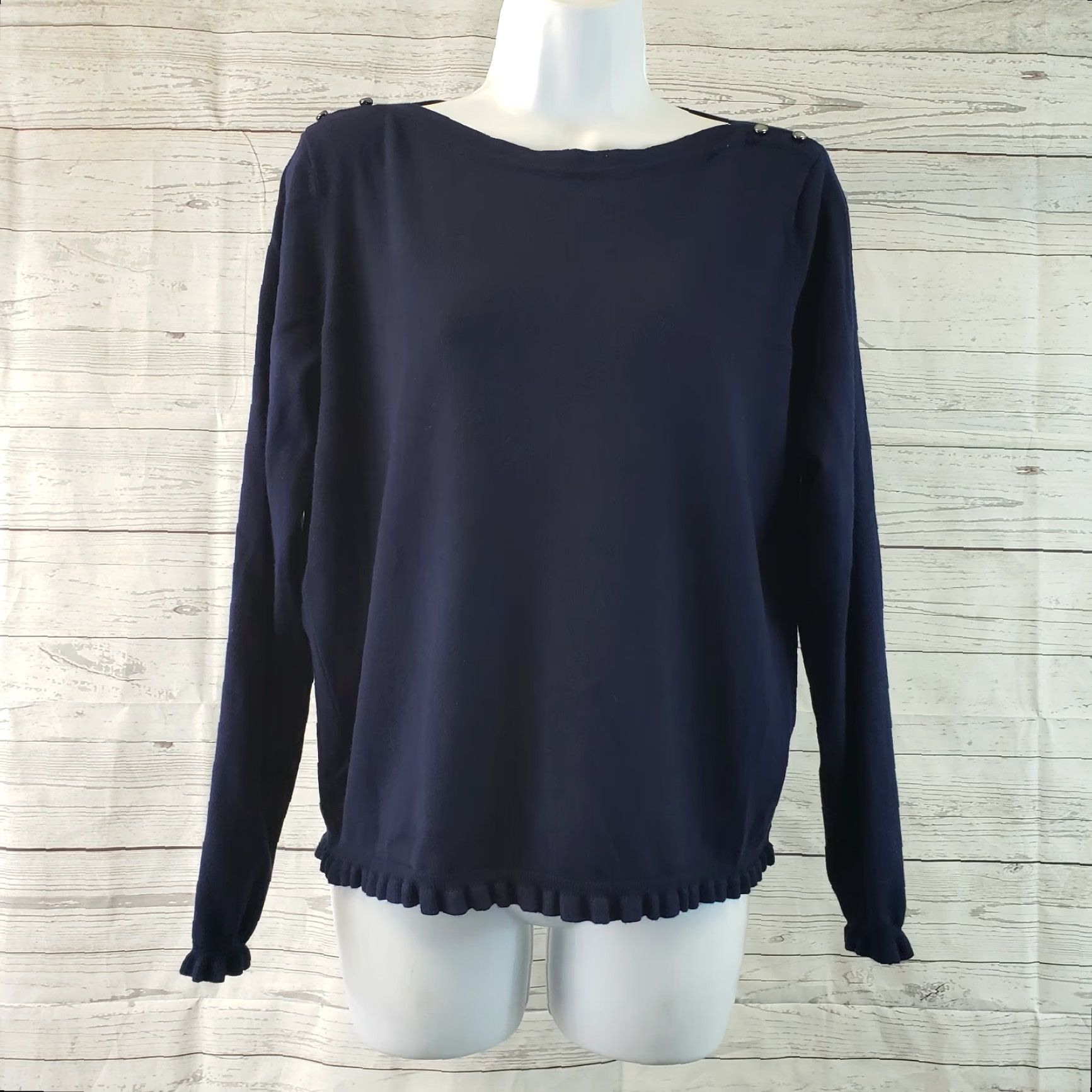 Vintage Wallis Womens Sweater Size 12 Solid Blue Ruffle Hem Long Sleeve Viscose Blend Pullover Knit Womens Pullover Blue 12 Wallis Womens Sweater Size XL / US 12-14 / IT 48-50 - 2 Thumbnail