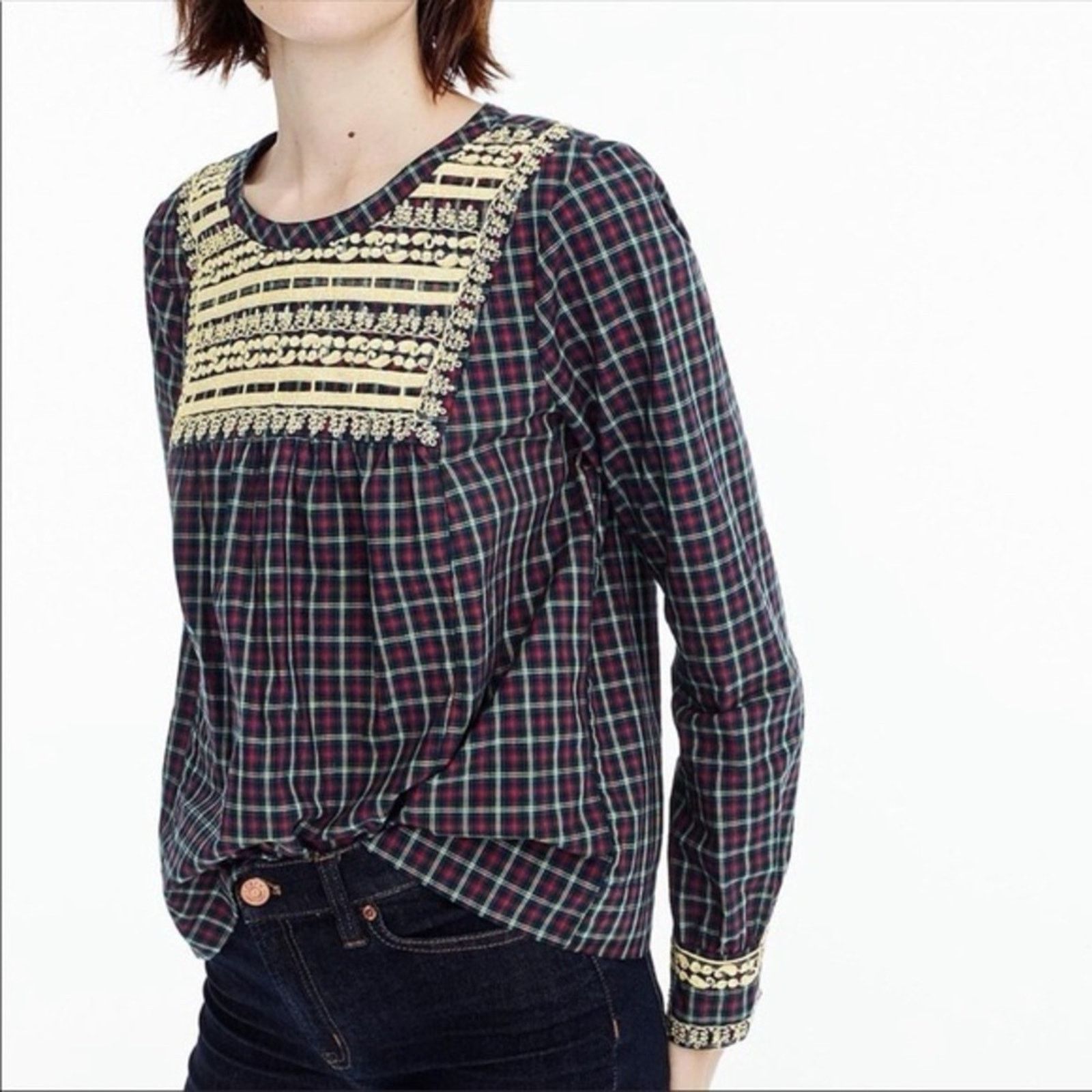 J.Crew J. Crew NWT Embroidered Plaid Peasant Holiday Top Womens XS Size XS / US 0-2 / IT 36-38 - 1 Thumbnail