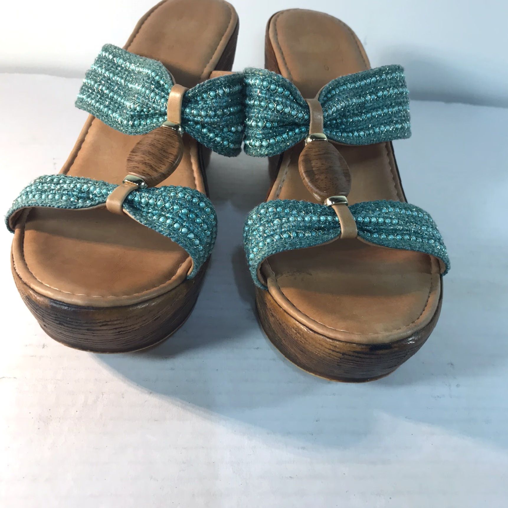Vintage VINTAGE New Directions Wedges Shoes Women's Brown Turquoise Leather Beaded 4in Heel Italy Size US 9 / IT 39 - 3 Thumbnail