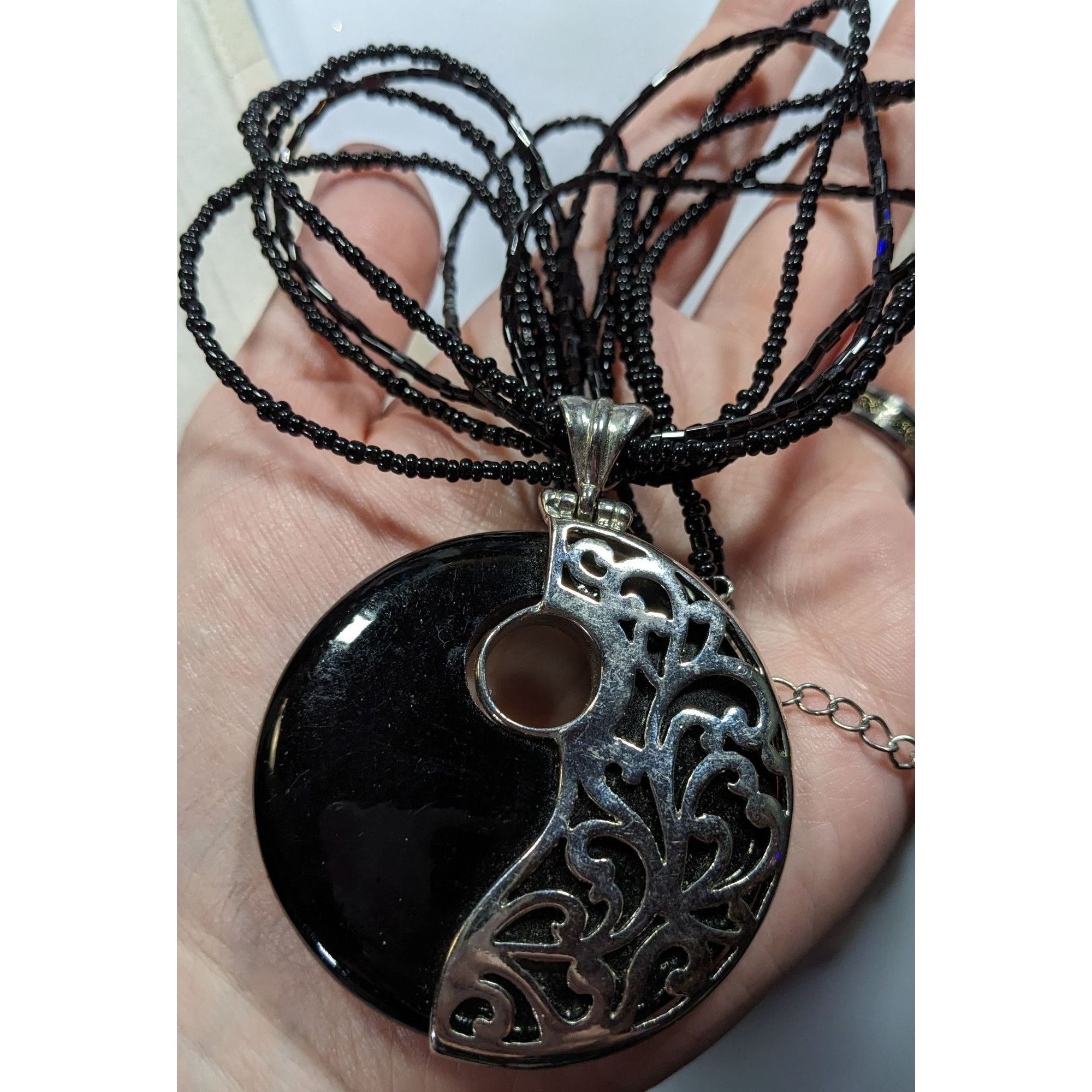 Other Floral Overlay Black And Silver Tone Pendant Necklace With B Size ONE SIZE - 6 Thumbnail