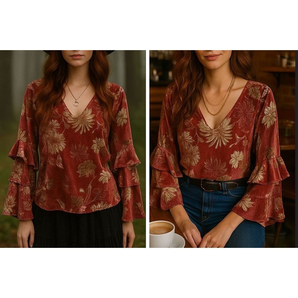 Miss Me Miss Me Womens Floral Velvet Ruffle Sleeve Top S Cottagecore Size S / US 4 / IT 40 - 2 Thumbnail