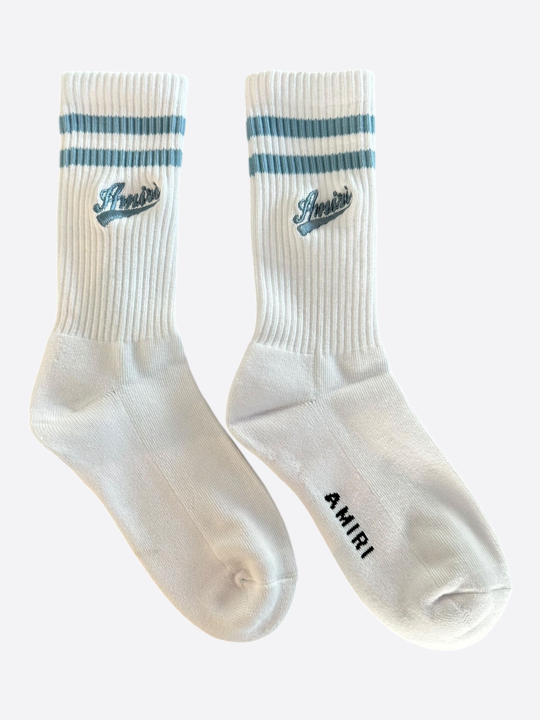 Amiri Amiri White & Blue Embroidered Varsity Script Logo Socks Size ONE SIZE - 1 Thumbnail