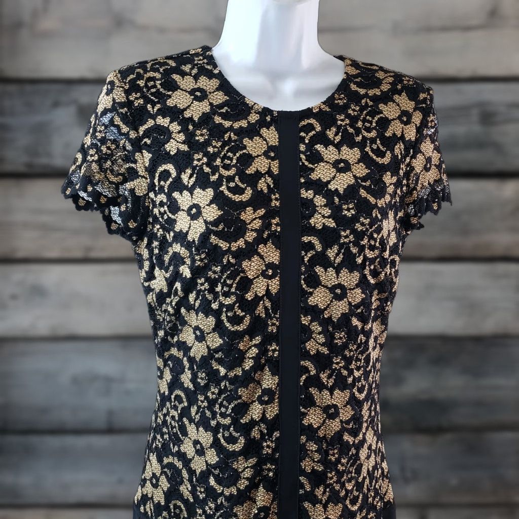 Joseph Ribkoff Joseph Ribkoff Womens Dress Sz 6 Black Gold Lace Floral Short Sleeve Size 28" / US 6 / IT 42 - 1 Thumbnail