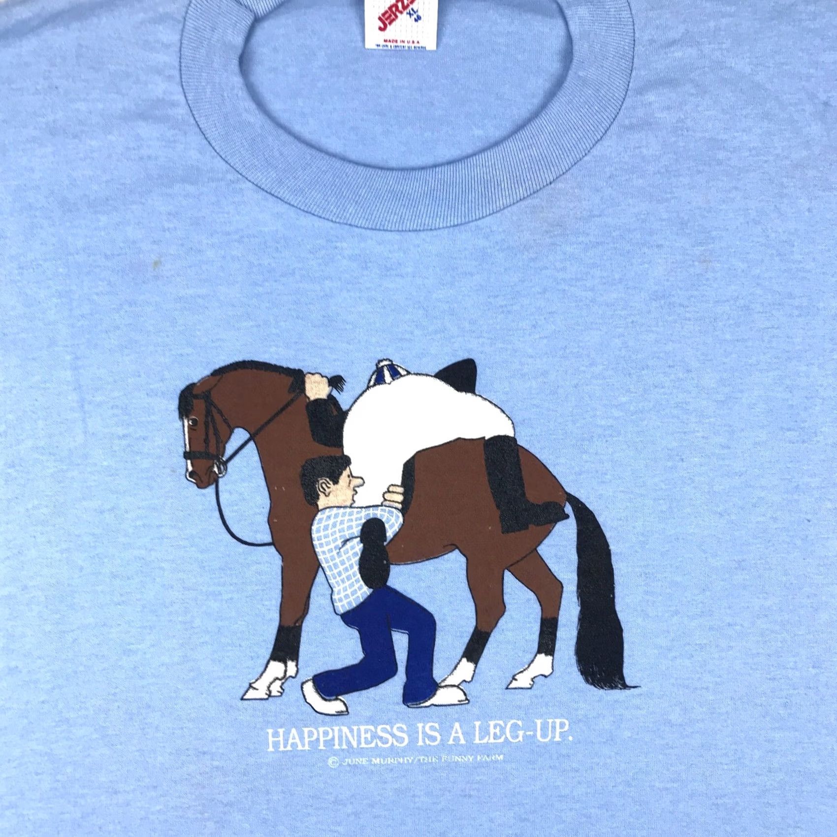Jerzees NOS vtg 80s HAPPINESS IS A LEG UP HORSE JOCKEY CARTOON T-Shirt L blue Nike Shirt Ladies Mens Womens Boys Girls Size US L / EU 52-54 / 3 - 6 Thumbnail