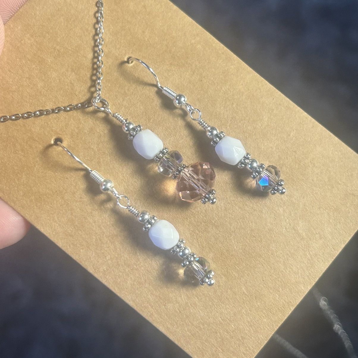 Handmade Handcrafted milk glass aurora borealis crystal necklace set Size ONE SIZE - 1 Thumbnail