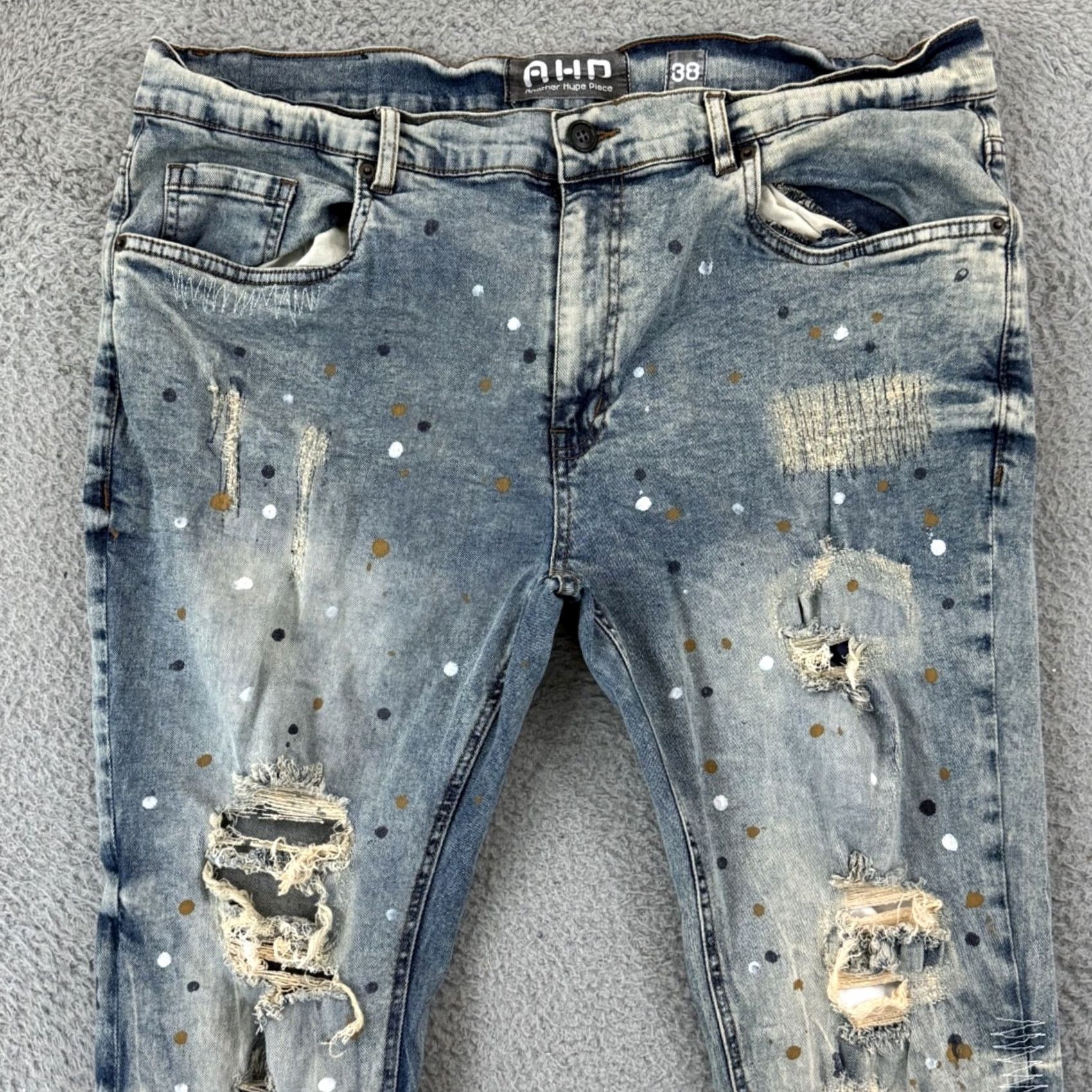 Vintage AHP Another Hype Piece Skinny Jeans Distressed Ripped Acid Wash Blue 38x32 Denim Slim Distressed 5-Pocket Mens Jeans Size US 38 / EU 54 - 3 Thumbnail