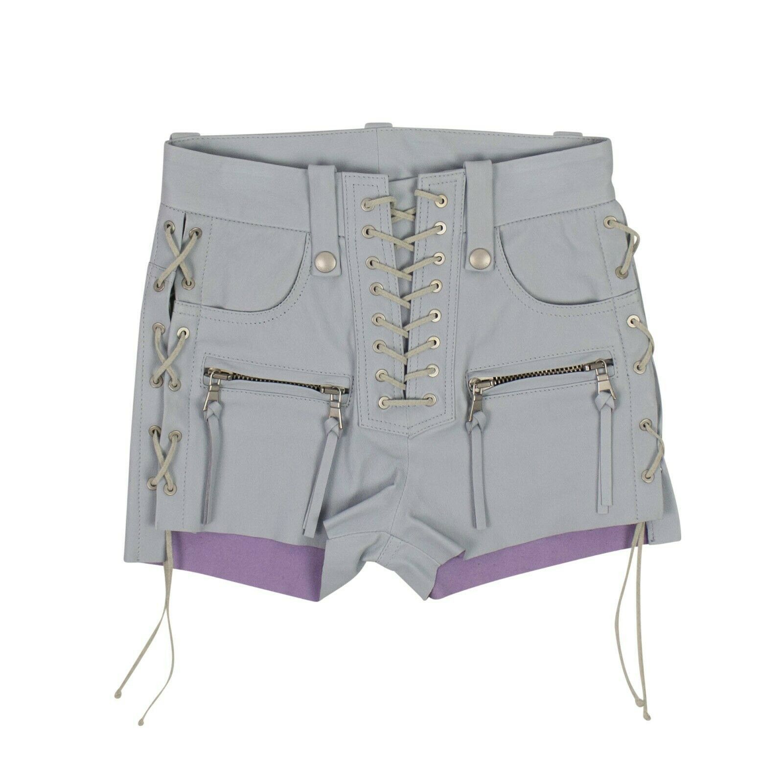 image of Unravel Project Light Gray Leather Plonge Lace-Up Shorts Size 24, Women's