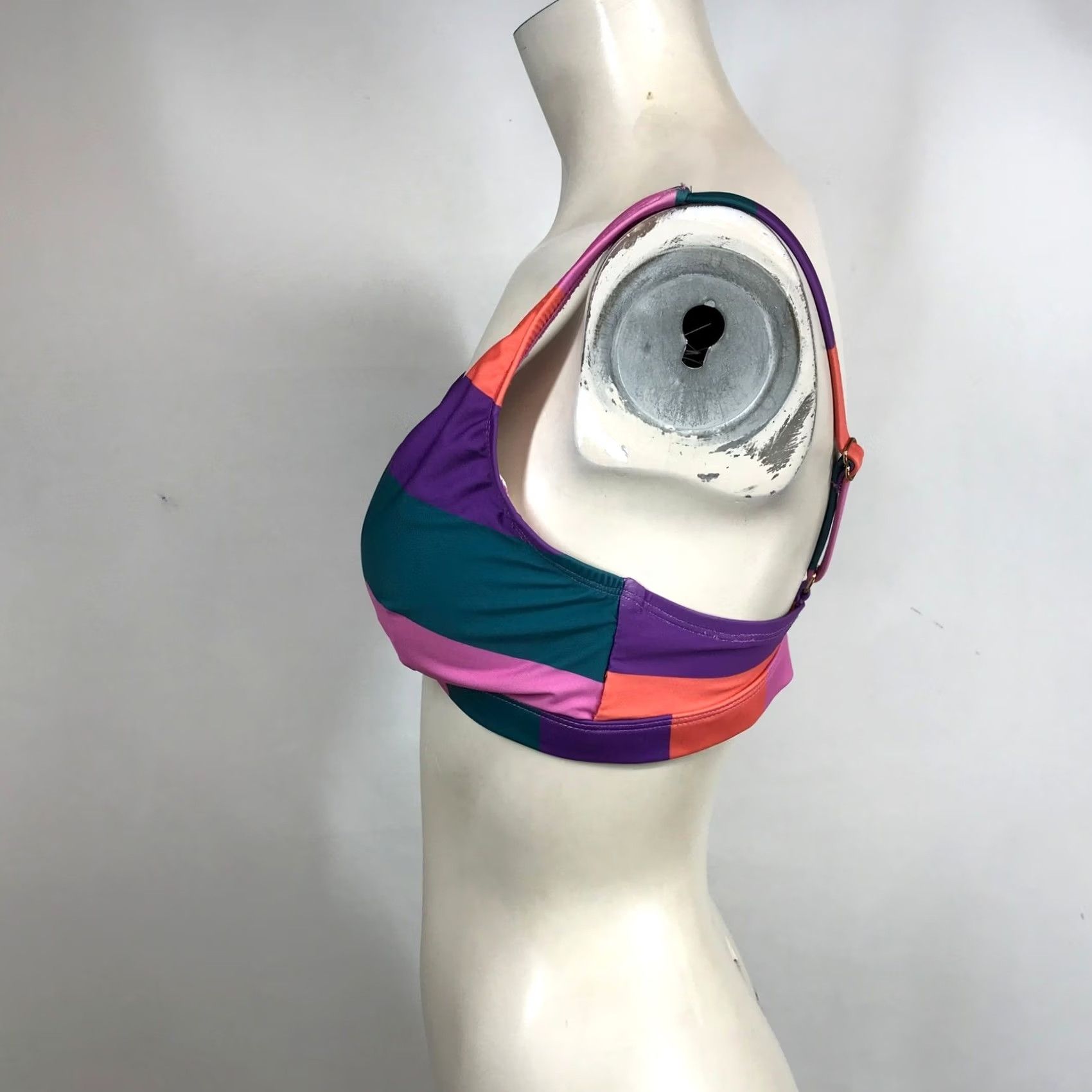 Vintage ModCloth Bikini Top MEDIUM Pink Orange Purple Teal Striped Triangle Size M / US 6-8 / IT 42-44 - 6 Thumbnail