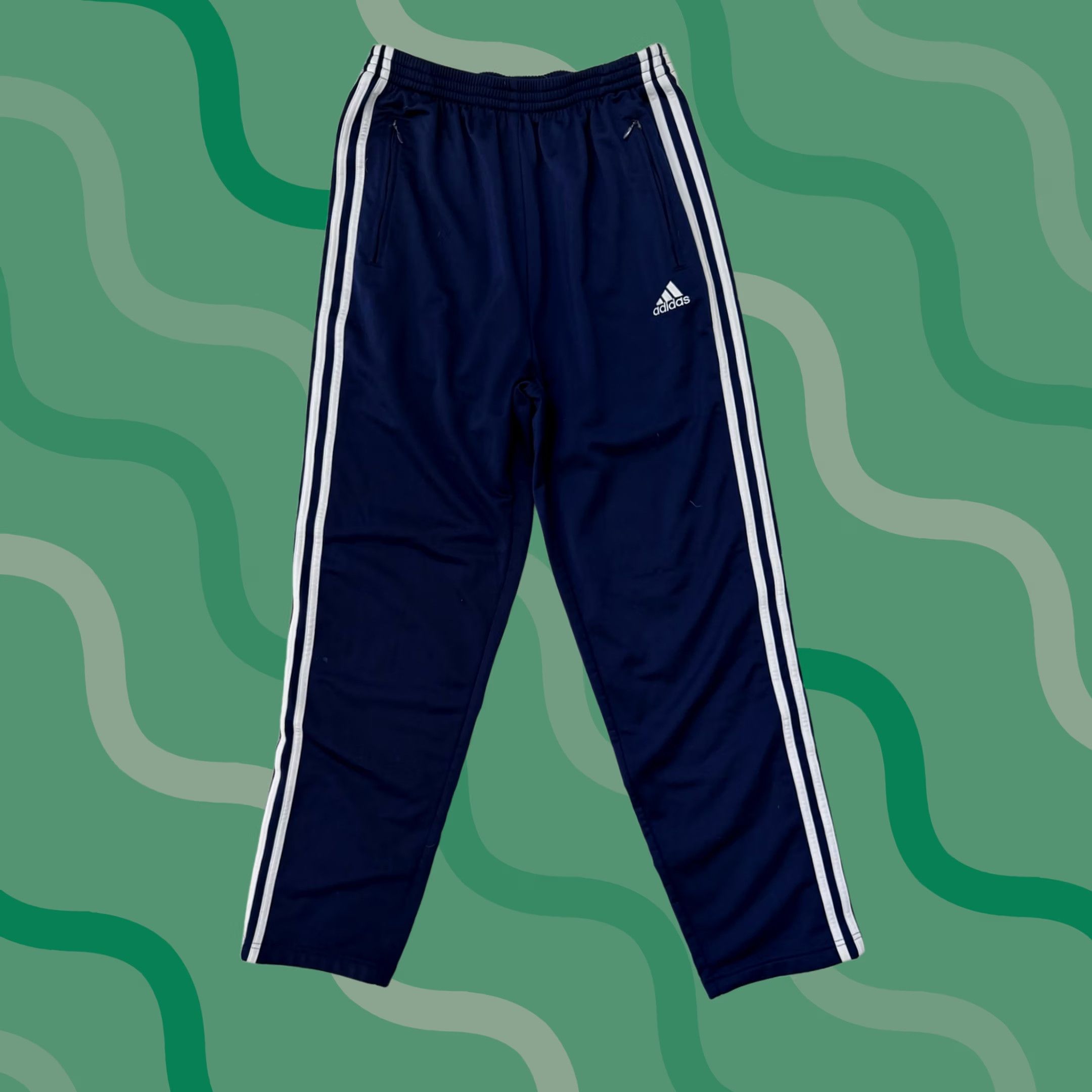 Adidas Adidas Track Pants Mens Medium 30x30 Blue 3 Stripe Tearaway Zip Pocket Pockets Side Stripe KnIT Knit Elastic Waist Tapered Regular Pants Mens Size US 31 - 1 Thumbnail