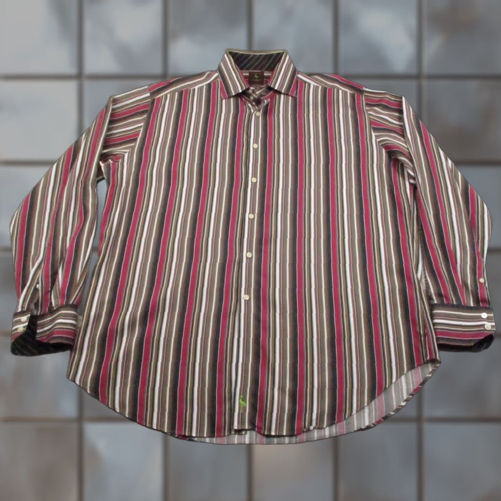 Tailorbyrd Tailorbyrd Dress Shirt Mens XL Brown Red Stripe Long Sleeve Button Up Cotton Size 46R - 1 Thumbnail