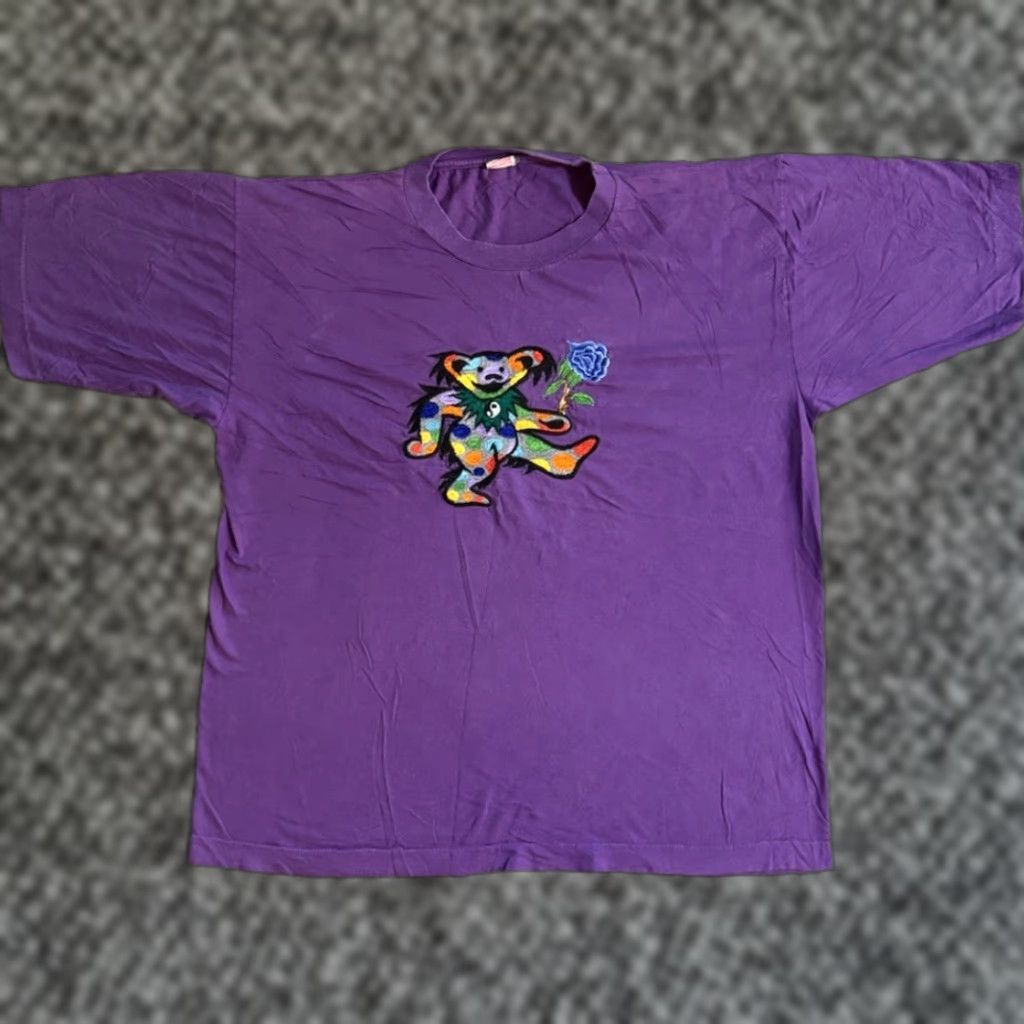 VINTAGE Grateful Dead Embroidered Dancing Bear Lot Tee XL Shirt Mens 90s Purple Cotton Band Rock Jerry Garcia New title: