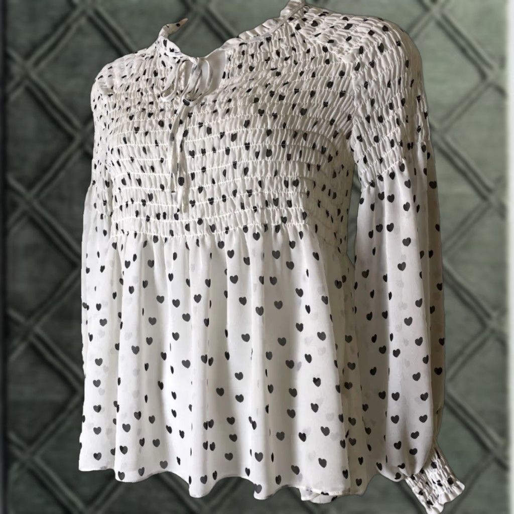 Vintage Rose + Olive Blouse L White Hearts Print Chiffon Balloon Sleeve Ruffle Neck Sheer Casual Women Size L / US 10 / IT 46 - 1 Thumbnail