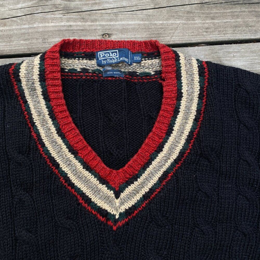 Vintage POLO RALPH LAUREN Wool Sweater Cable Knit V Neck Fa