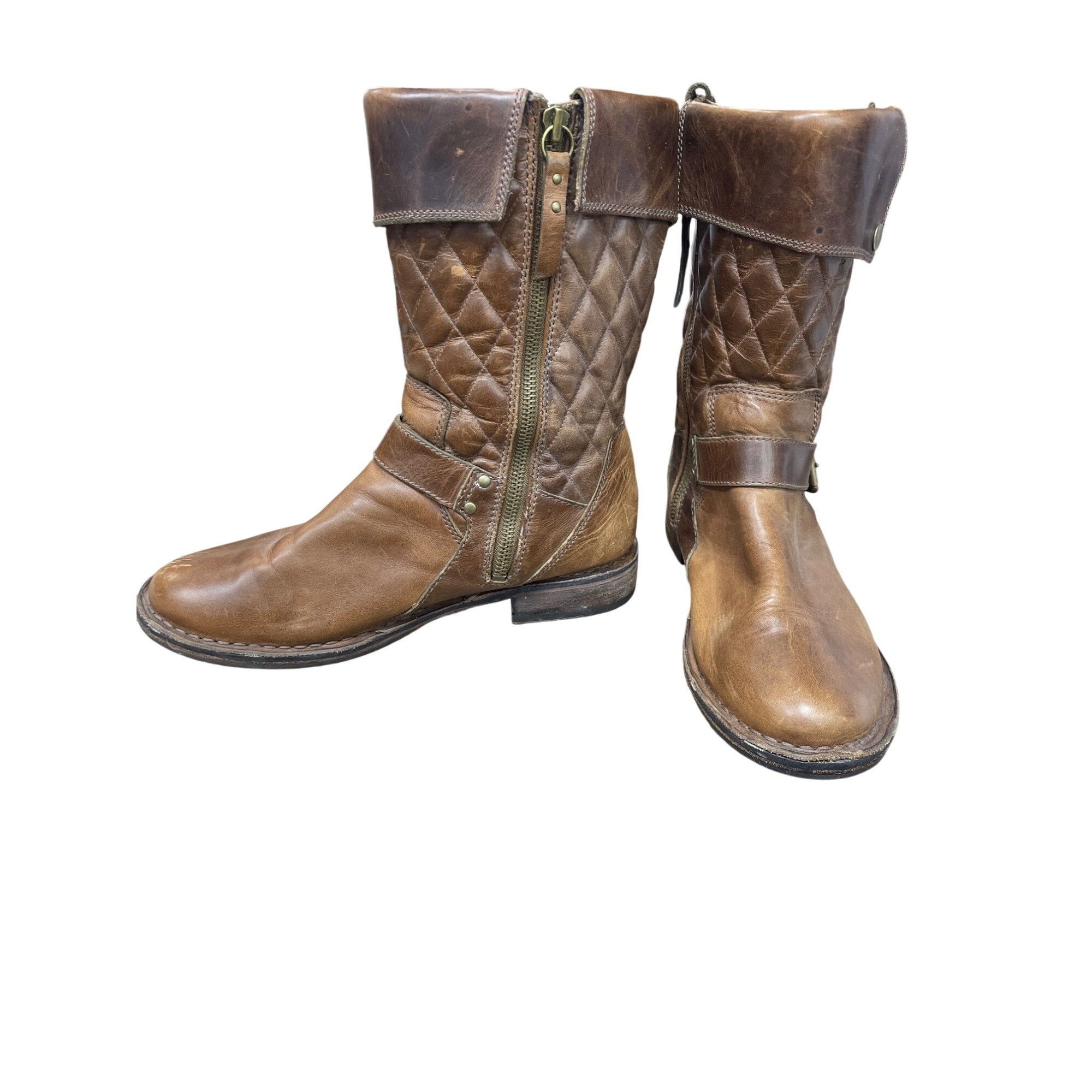 Ugg UGG Womans Brown Leather Moto Quilted Mid Calf Boots Sz 7.5 Size US 7.5 / IT 37.5 - 2 Thumbnail