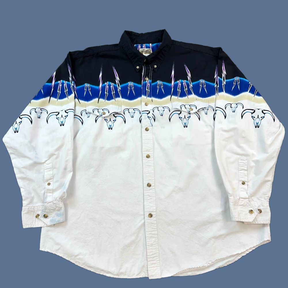 Express VINTAGE Express Rider Shirt Mens XL Lightning Steer Skull Aztec Western Cowboy Size US XL / EU 56 / 4 - 1 Thumbnail