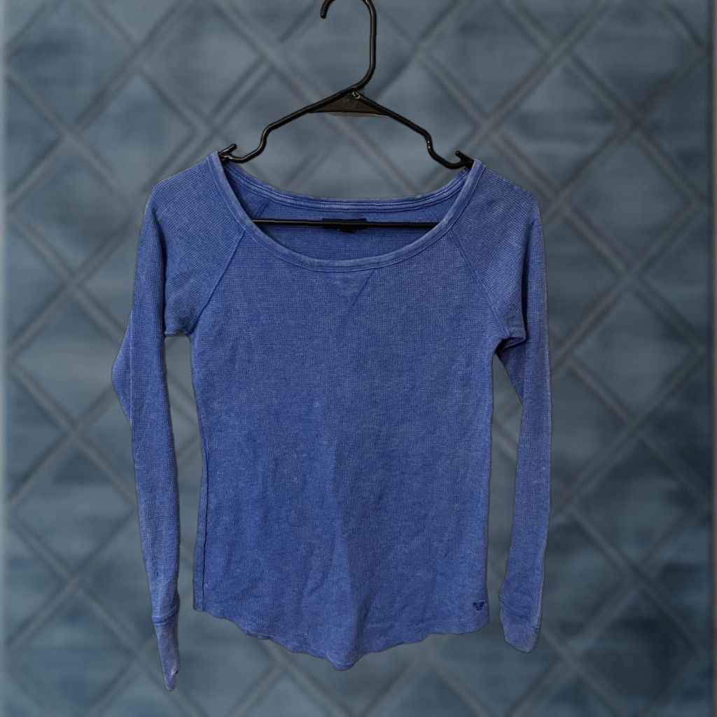 American Eagle Outfitters American Eagle Shirt Women's XS Thermal Crew Solid Long Sleeve Waffle Top Blue Size XS / US 0-2 / IT 36-38 - 1 Thumbnail