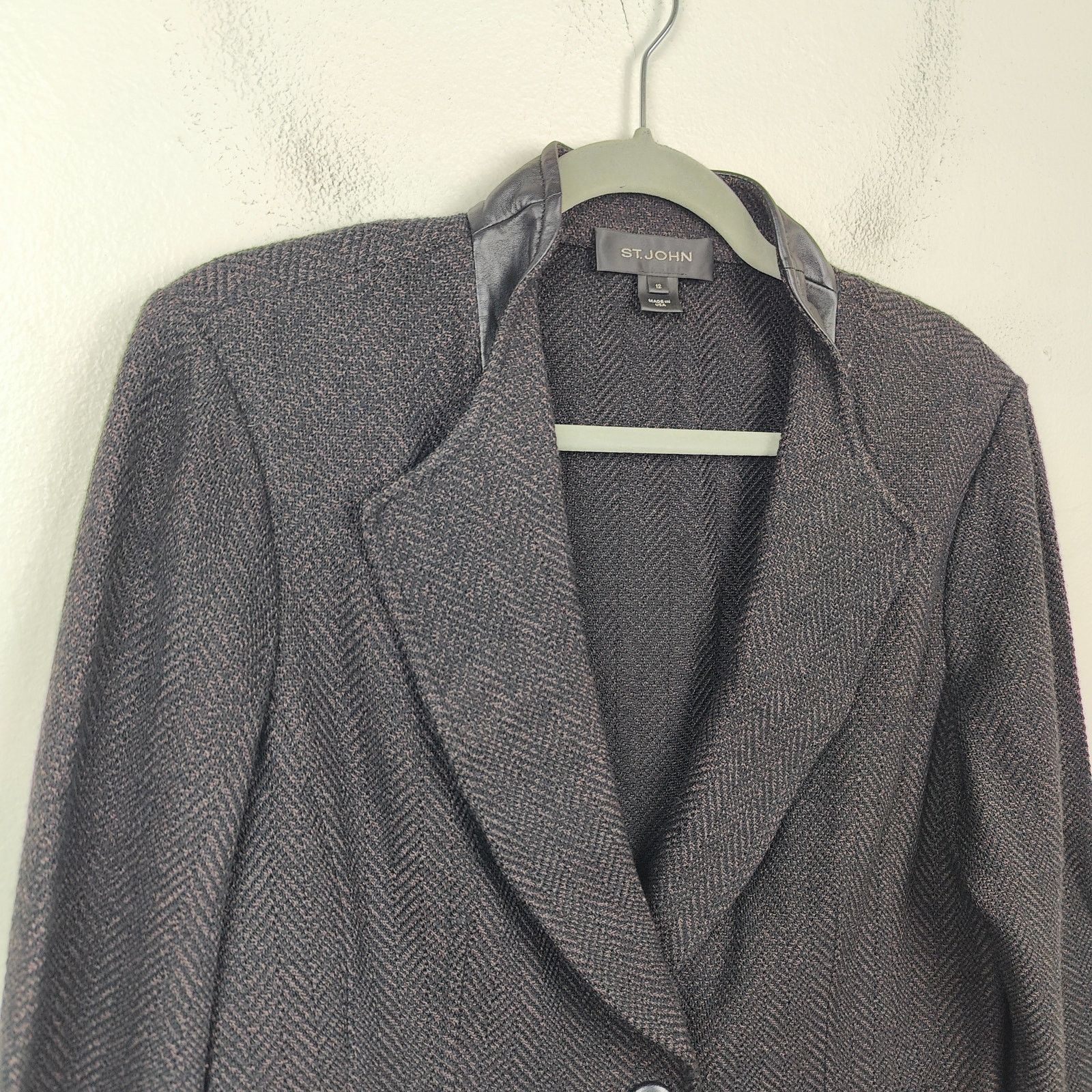 Other St John Knit Blazer Size 12 Black Herringbone Leather Trim Size XL / US 12-14 / IT 48-50 - 2 Thumbnail