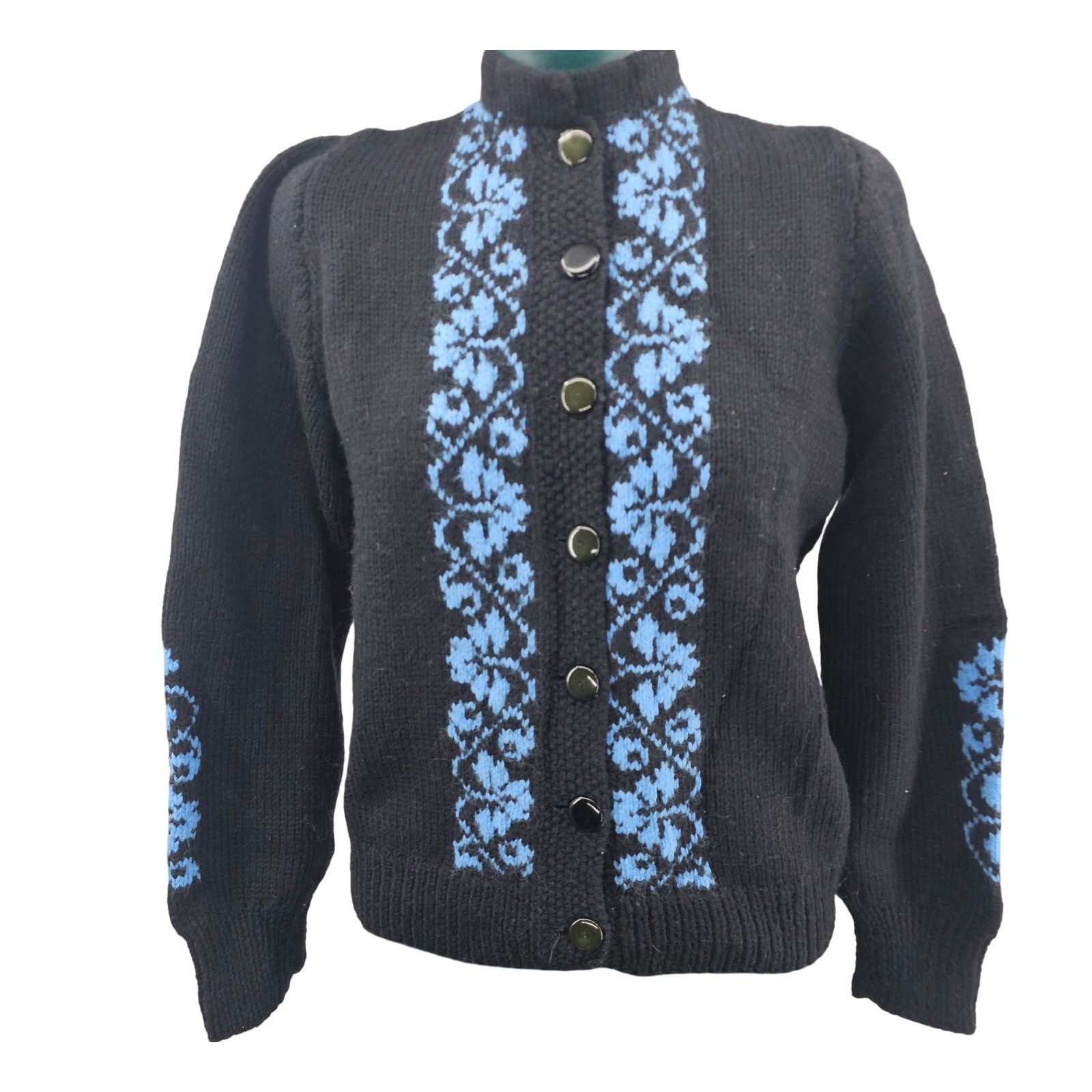 Vintage Vintage Wool Knit Cardigan Sweater Black Blue Floral Aran M Size M / US 6-8 / IT 42-44 - 1 Thumbnail
