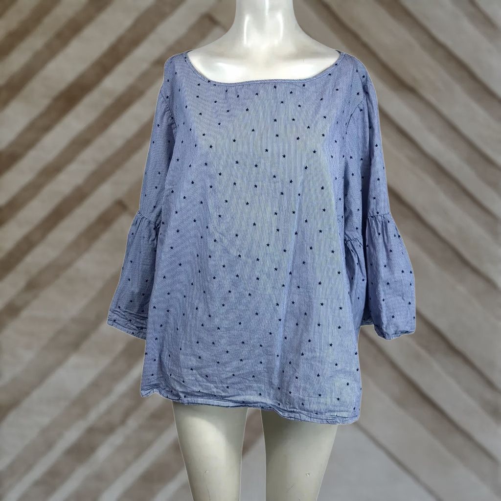 Vintage Zac & Rachel Woman 1X Blue White Pinstripe Star Embroidered Bell Sleeve Blouse Size XL / US 12-14 / IT 48-50 - 1 Thumbnail