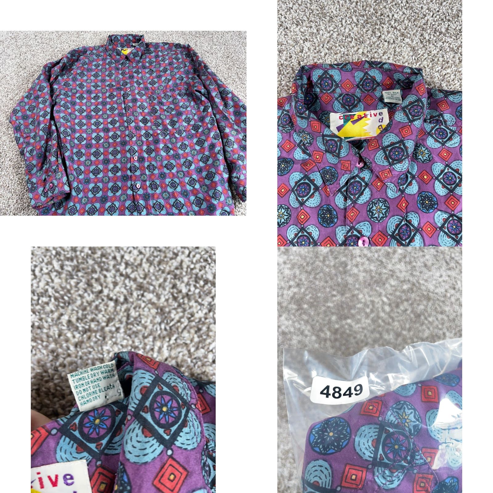 Vintage VINTAGE Creative Edge Silk Shirt Mens Medium Purple Blue Geometric Flower 90s Hippie Retro Button-Up Long Sleeve Collared Size US M / EU 48-50 / 2 - 9 Thumbnail