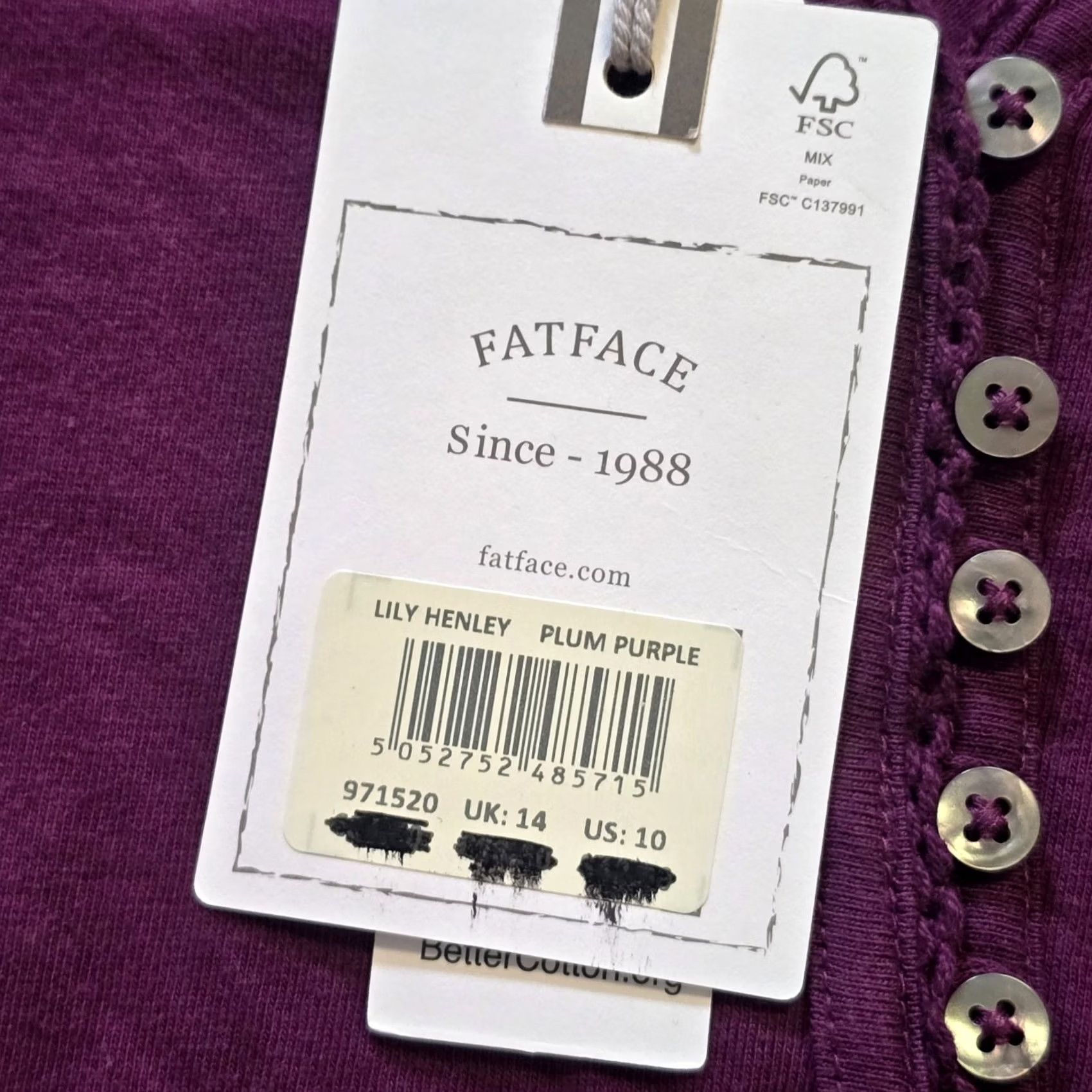 FatFace Fat Face Top Womens Size 10 Purple Henley Pajama Long Sleeve Lounge Casual Cozy Size L / US 10 / IT 46 - 4 Thumbnail