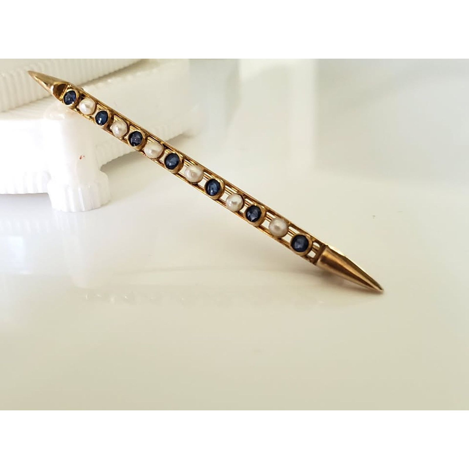 Other Antique Sapphire and Seeded Pearl Bar Pin 10K Solid Gold Size ONE SIZE - 4 Thumbnail