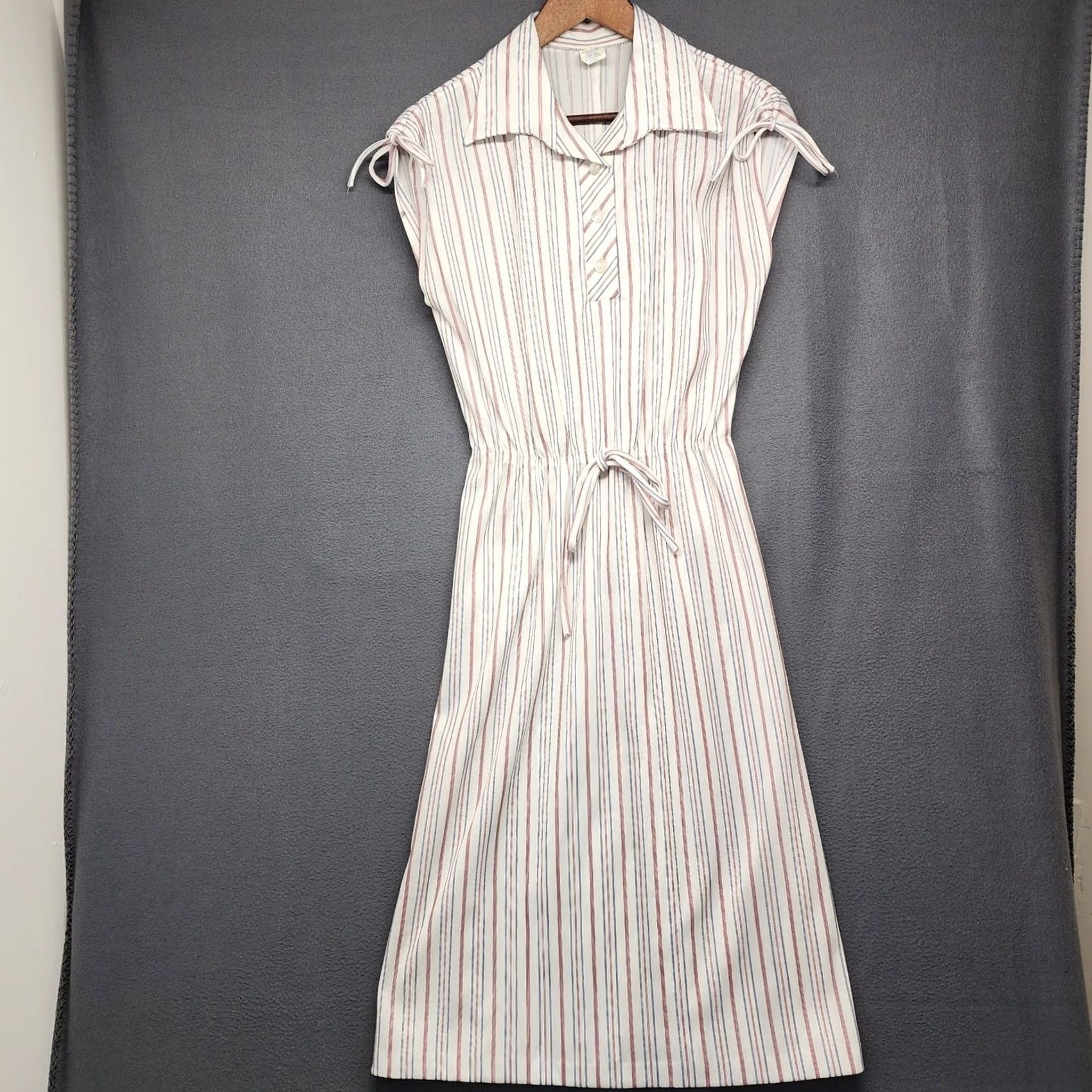 Vintage VINTAGE Womens A-Line Dress Sleeveless Striped Cinch Waist Midi White XS Women Size XS / US 0-2 / IT 36-38 - 2 Thumbnail