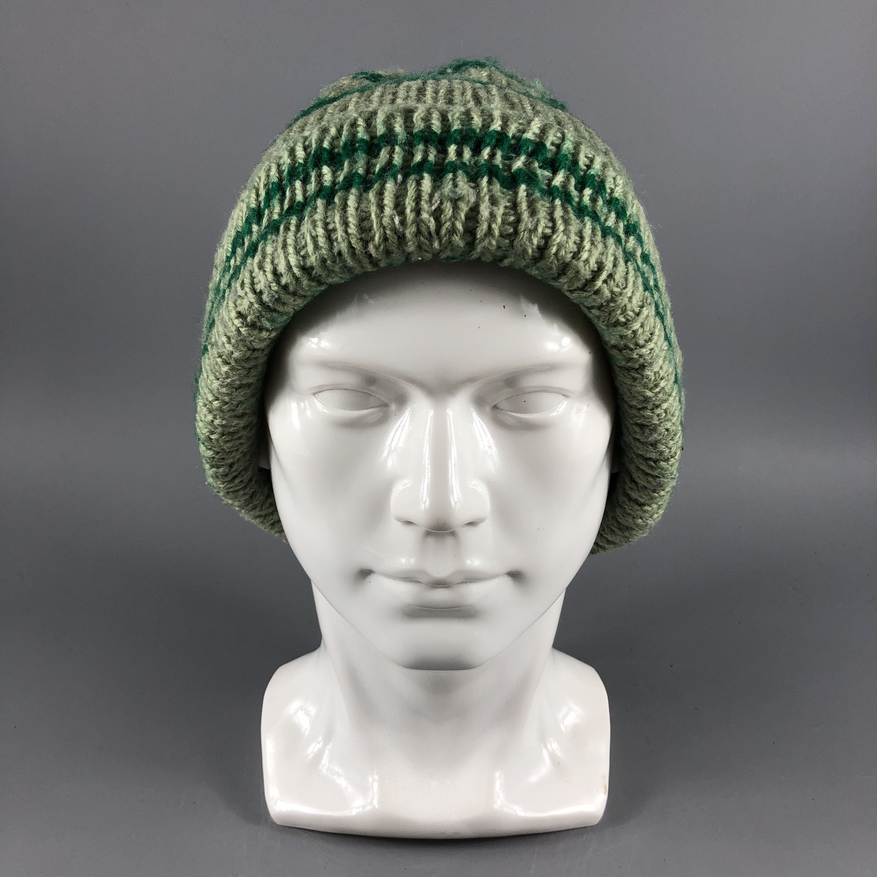 image of Vintage Green Stripe Beanie Snow Hat Snow Cap B107, Men's