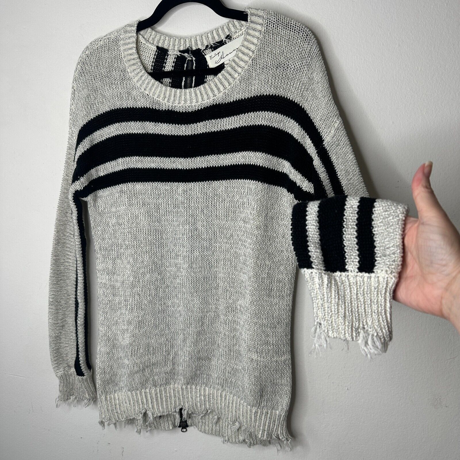 Vintage Havana Havana Gray Black Stripe Distressed Sweater Zip Back SM Size S / US 4 / IT 40 - 4 Thumbnail