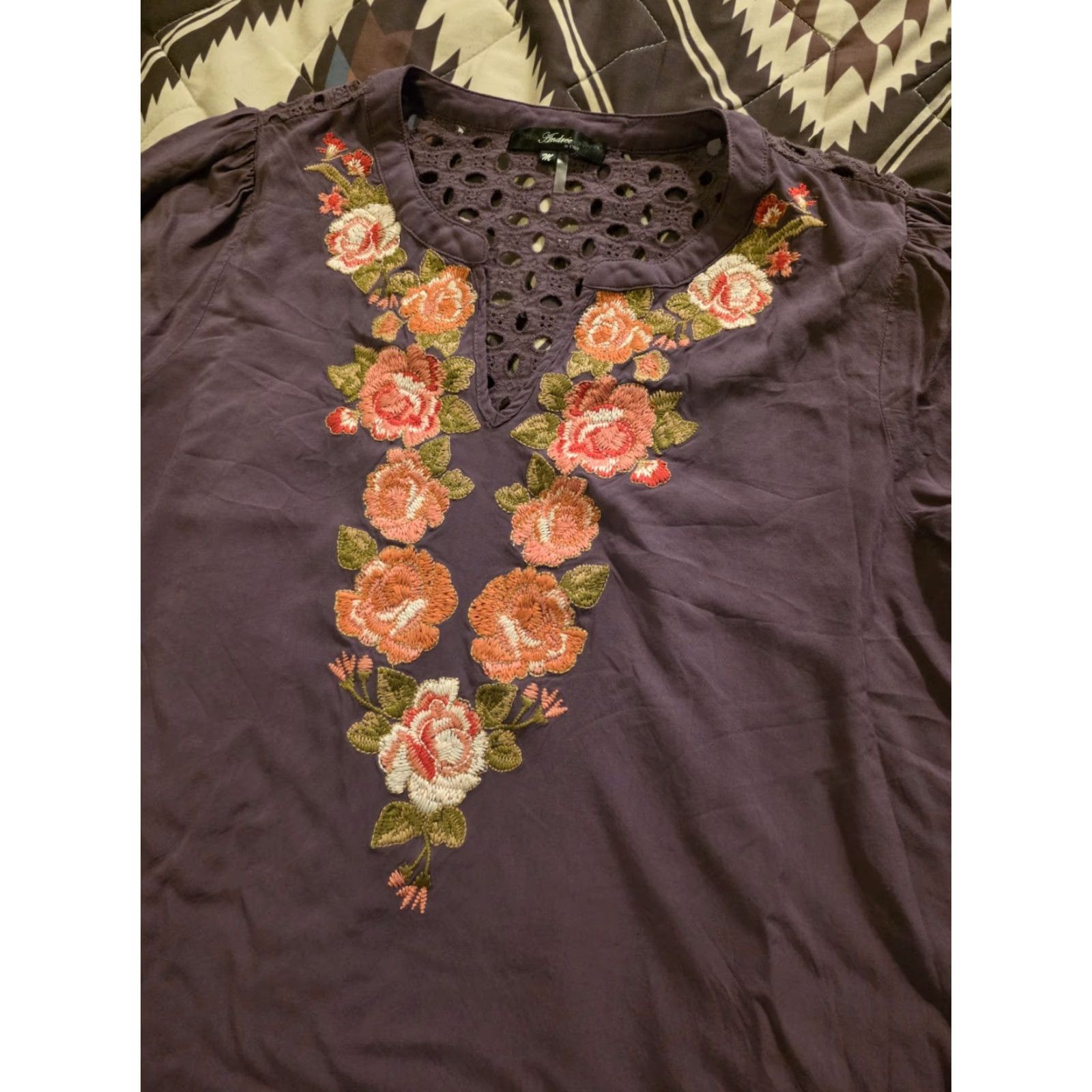 Vintage Andree By UNIT Embroidered Boho Tunic Blouse Floral Hippie Purple Womens Medium Size M / US 6-8 / IT 42-44 - 2 Thumbnail