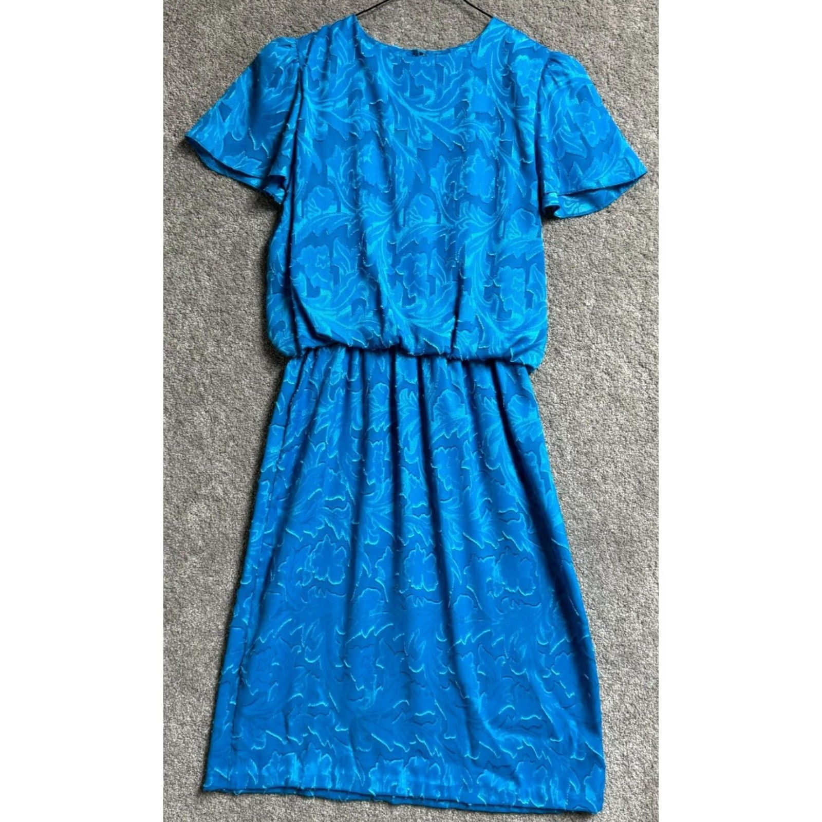 Vintage VINTAGE Lady Page Dress Blouson Waist Midi 80s Blue Jacquard Textured Fringes Floral Party/Cocktail Women Size 8 Mens? No. Size M / US 6-8 / IT 42-44 - 2 Thumbnail