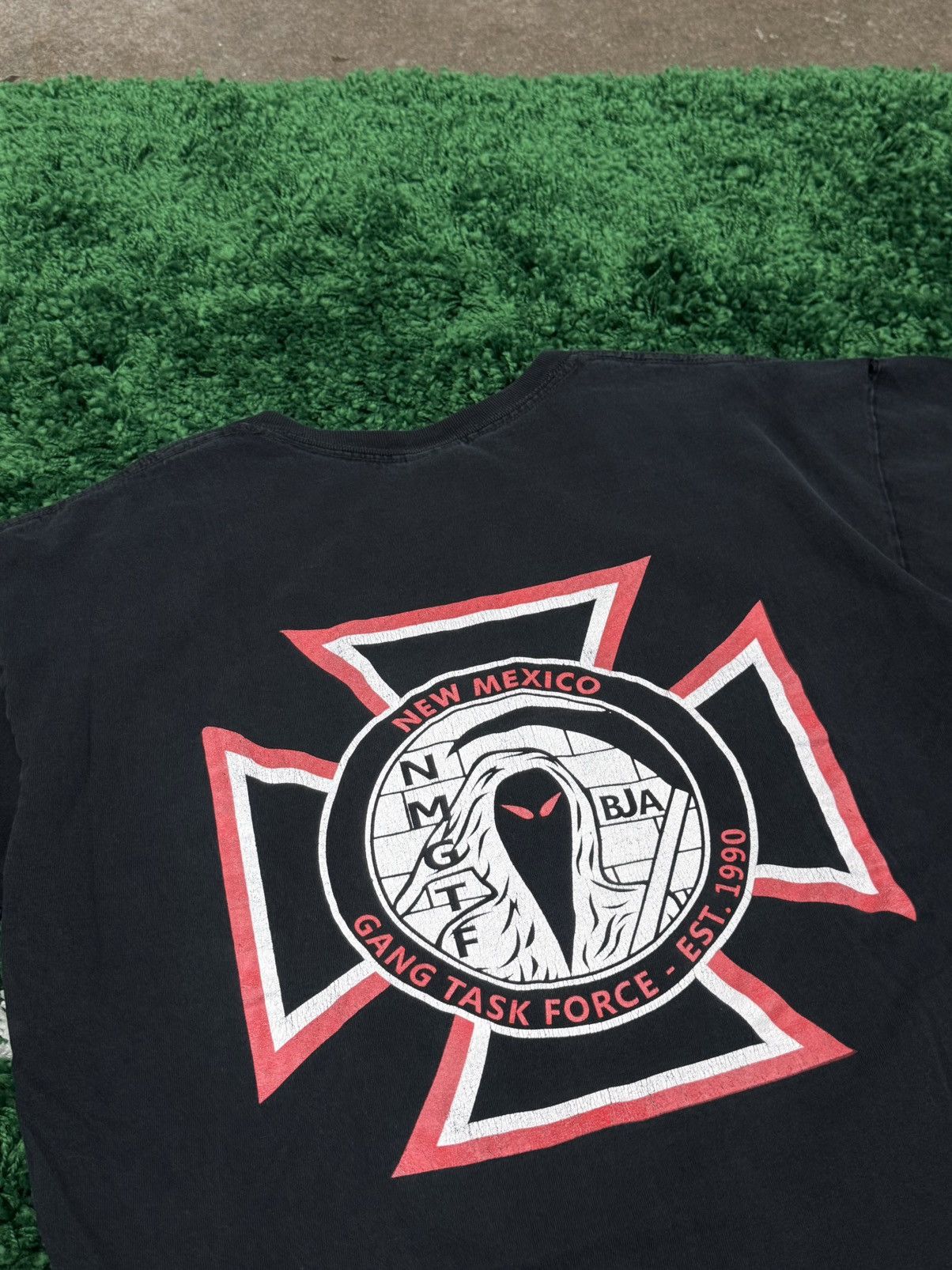 Vintage RARE Gang Task Force New Mexico Iron Cross Tee Black Reaper Size US L / EU 52-54 / 3 - 1 Thumbnail