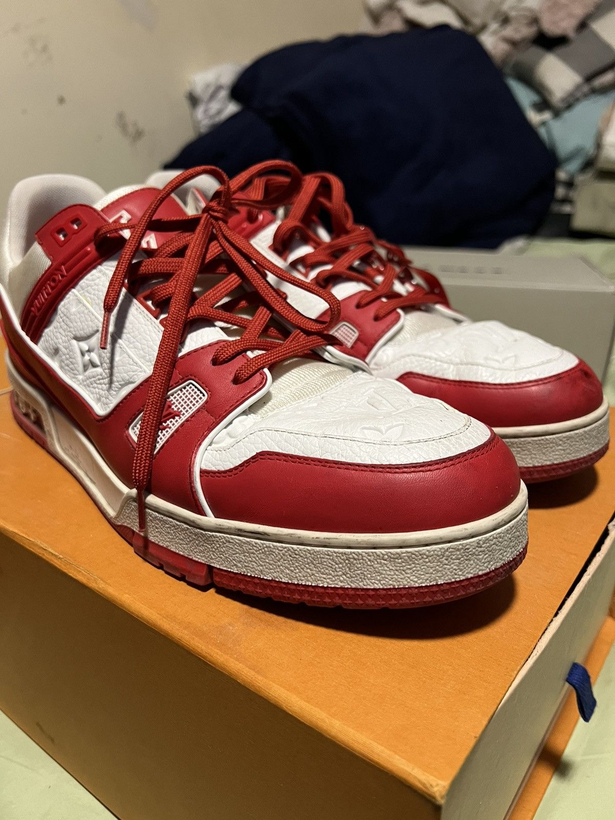 Louis Vuitton Louis Vuitton White Red Embossed Monogram Trainer Sneaker Size US 13 / EU 46 - 2 Thumbnail