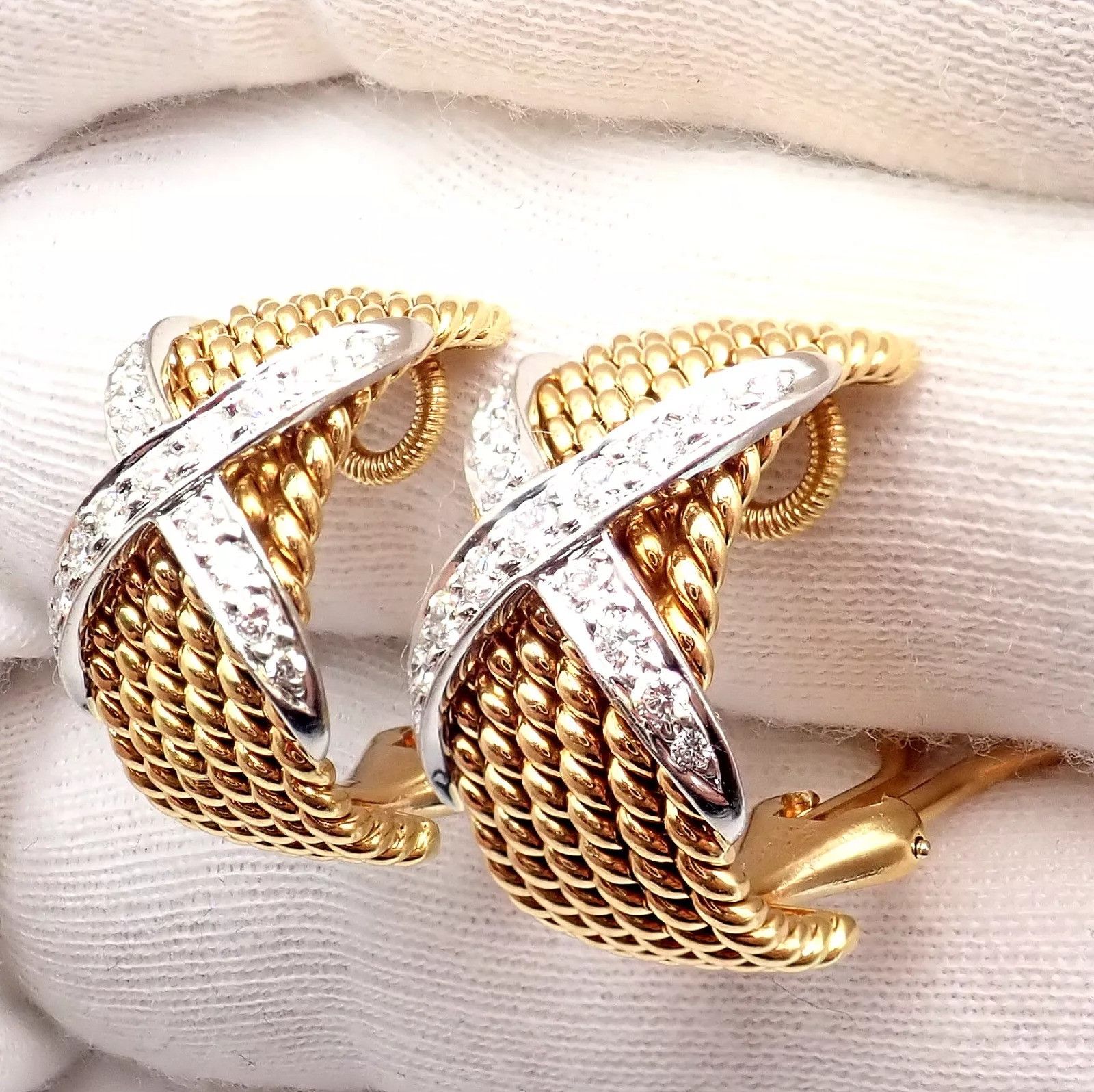 Tiffany & Co. Tiffany & Co Gold Platinum Diamond 6 Row Rope X Earrings Size ONE SIZE - 7 Thumbnail